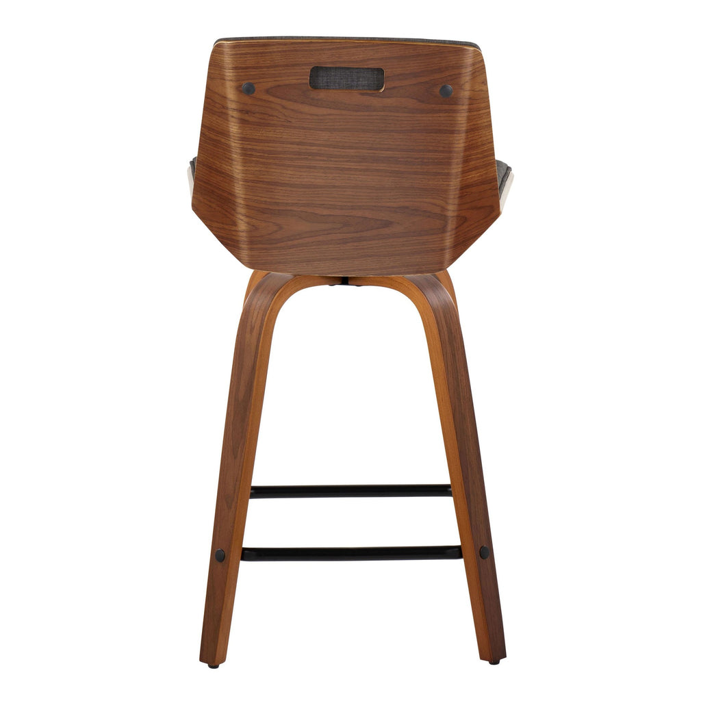 Corazza 24" Fixed-Height Counter Stool - Set of 2 - Walnut Wood, Charcoal Fabric, Black Metal