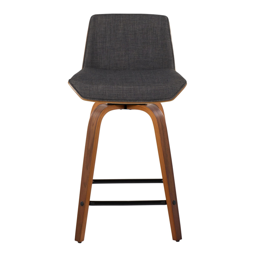Corazza 24" Fixed-Height Counter Stool - Set of 2 - Walnut Wood, Charcoal Fabric, Black Metal