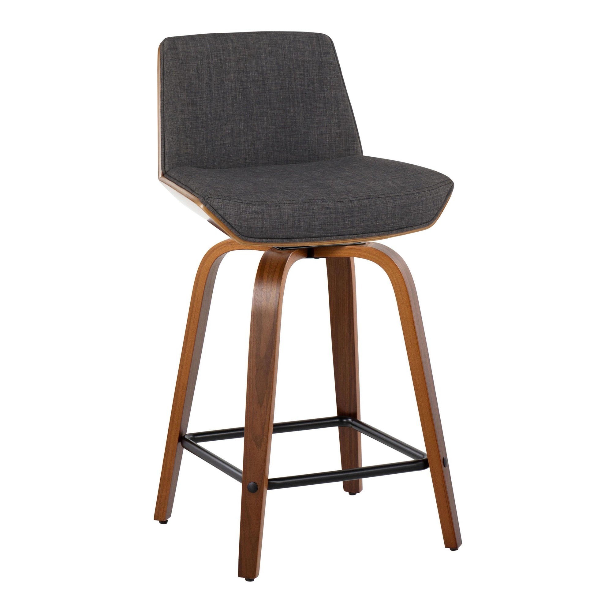 Corazza 24" Fixed-Height Counter Stool - Set of 2 - Walnut Wood, Charcoal Fabric, Black Metal