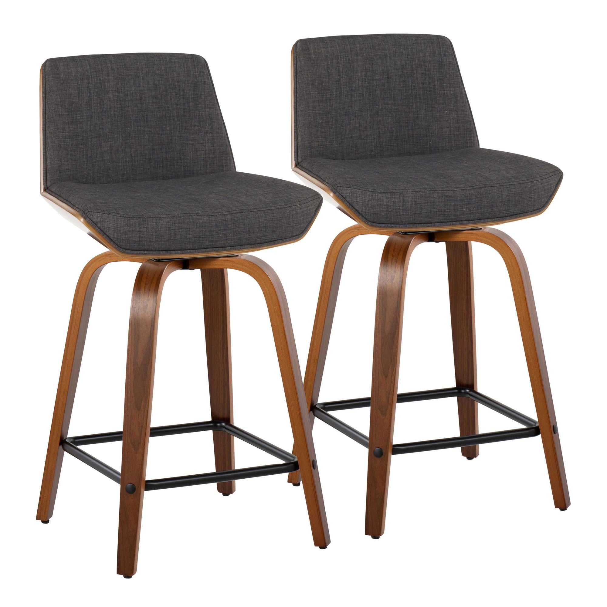 Corazza 24" Fixed-Height Counter Stool - Set of 2 - Walnut Wood, Charcoal Fabric, Black Metal