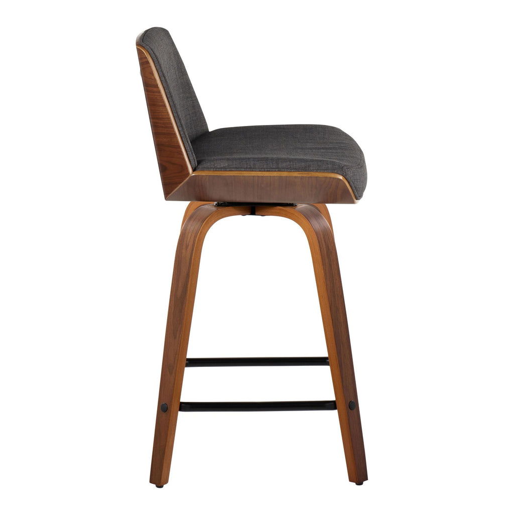 Corazza 24" Fixed-Height Counter Stool - Set of 2 - Walnut Wood, Charcoal Fabric, Black Metal
