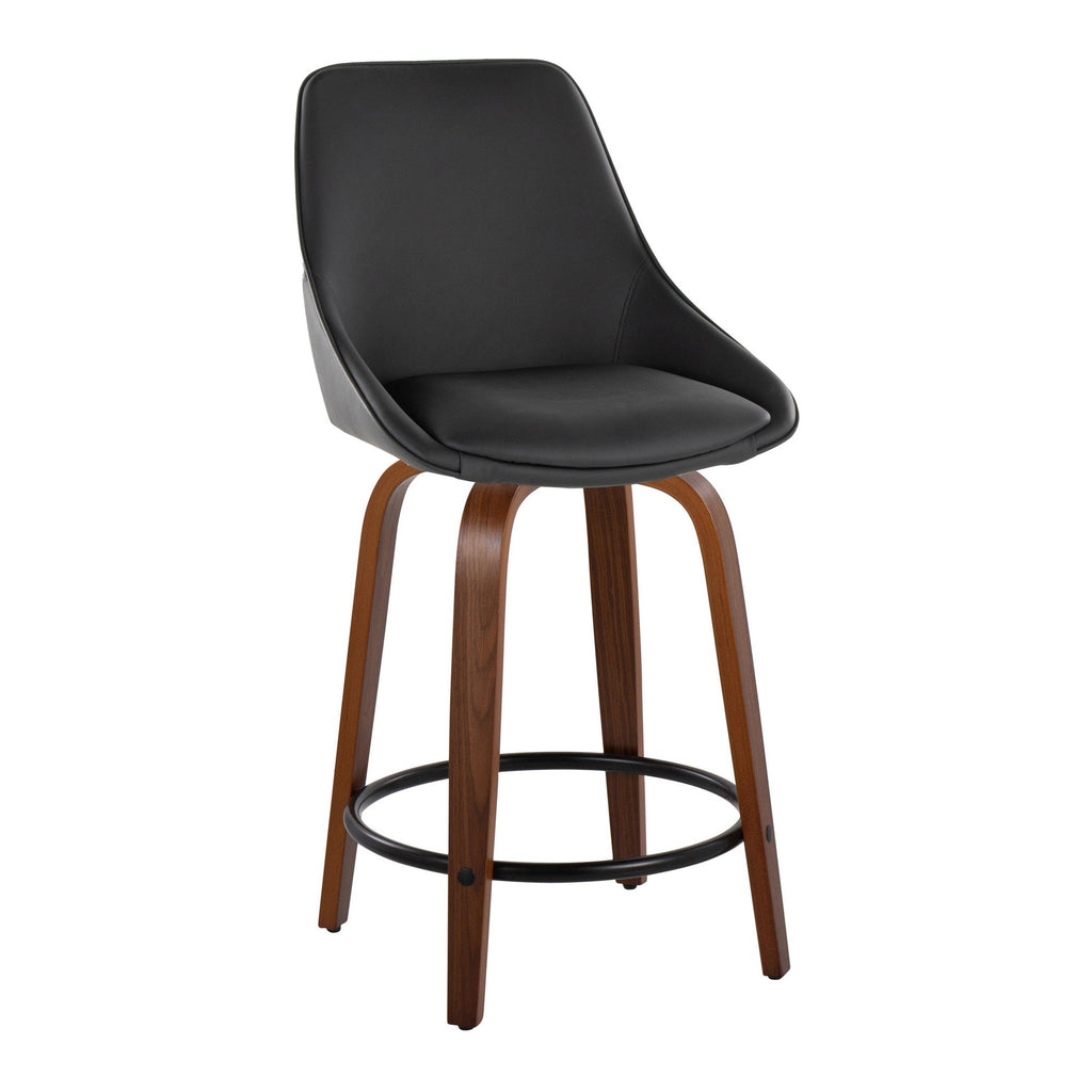 Diana 24" Fixed-Height Counter Stool - Set of 2 - Walnut Wood, Black PU, Black Metal