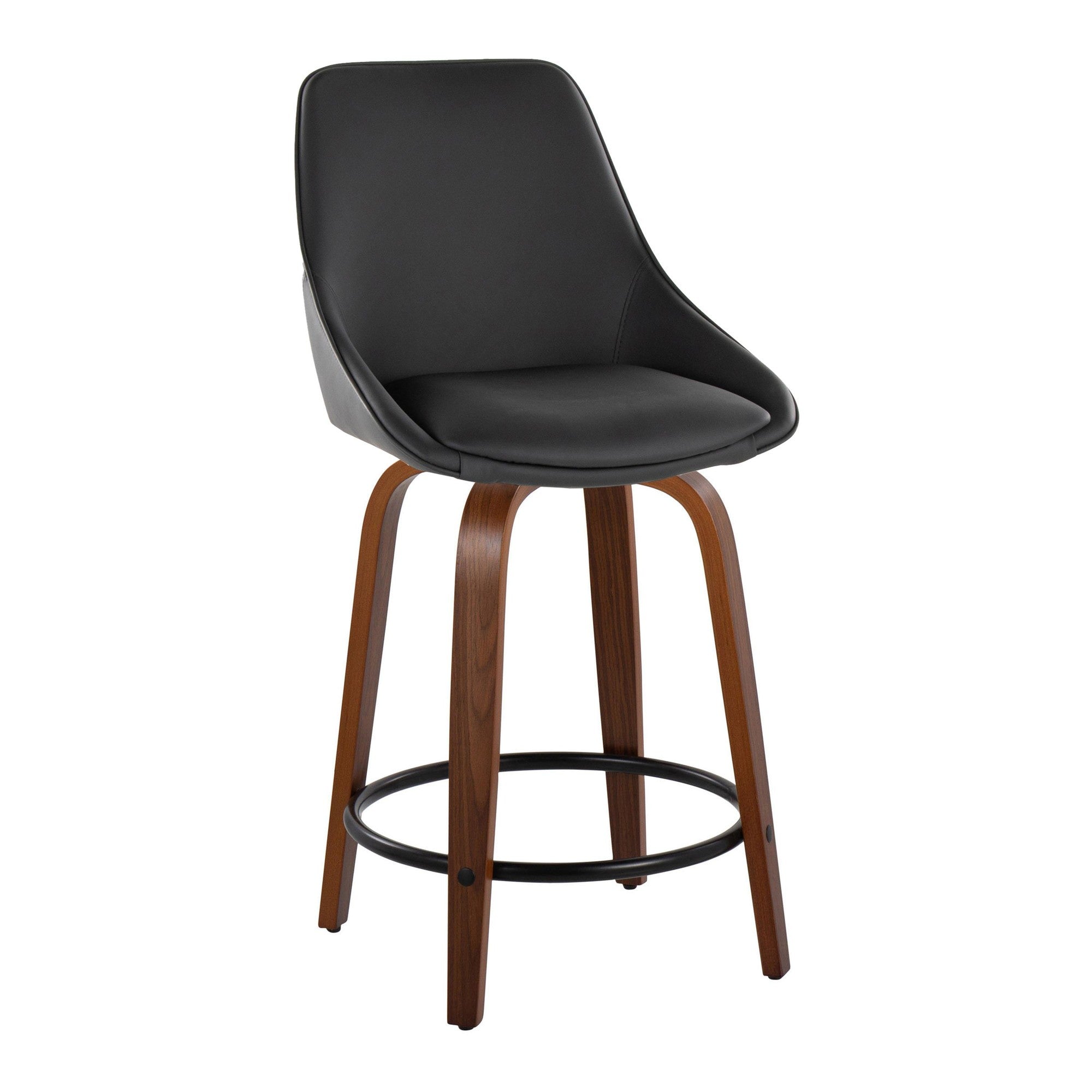 Diana 24" Fixed-Height Counter Stool - Set of 2 - Walnut Wood, Black PU, Black Metal