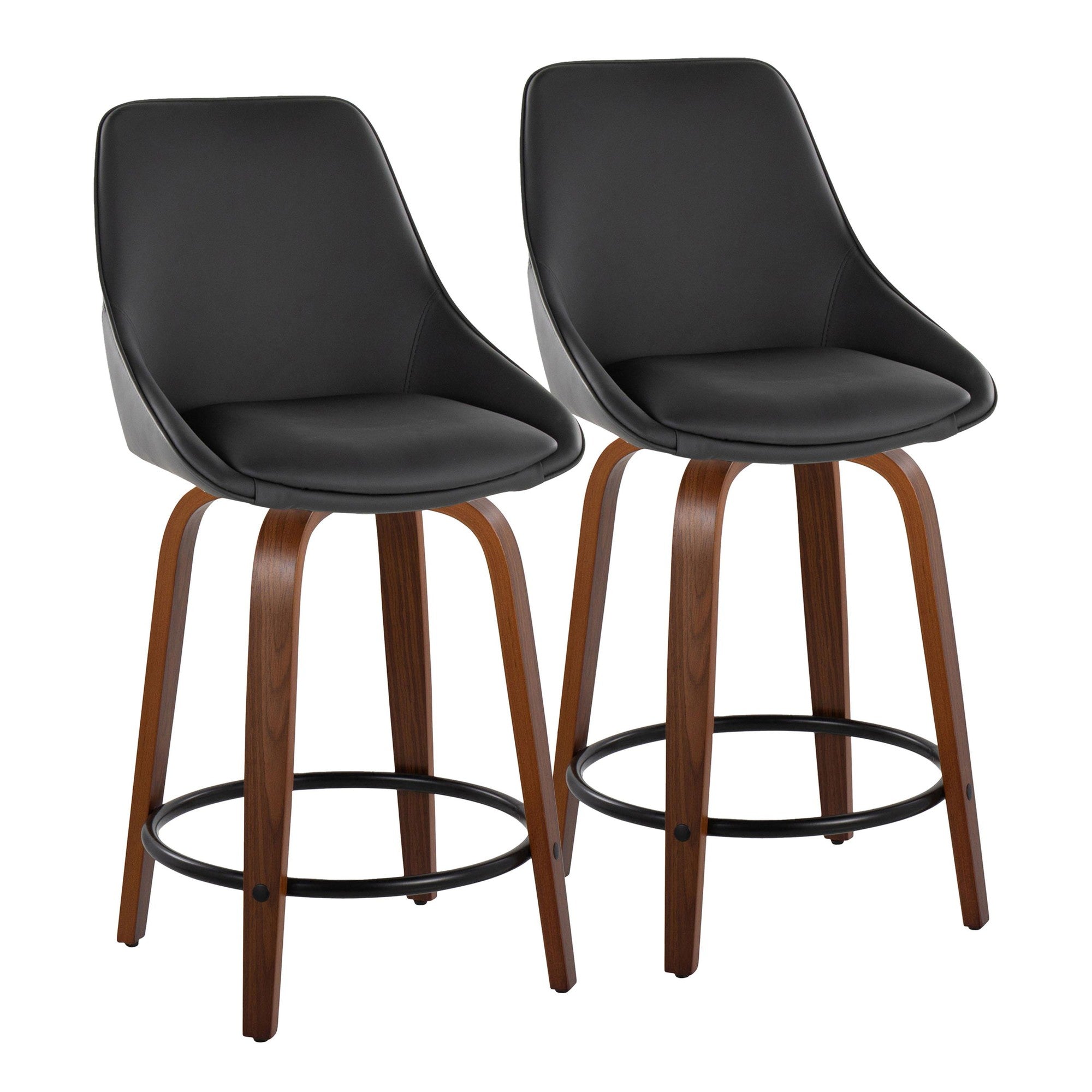 Diana 24" Fixed-Height Counter Stool - Set of 2 - Walnut Wood, Black PU, Black Metal