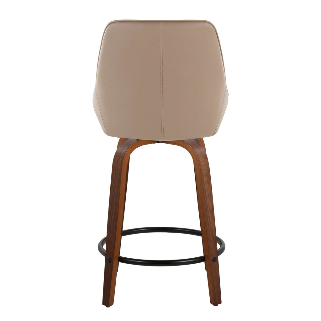 Diana 24" Fixed-Height Counter Stool - Set of 2 - Walnut Wood, Brown PU, Black Metal