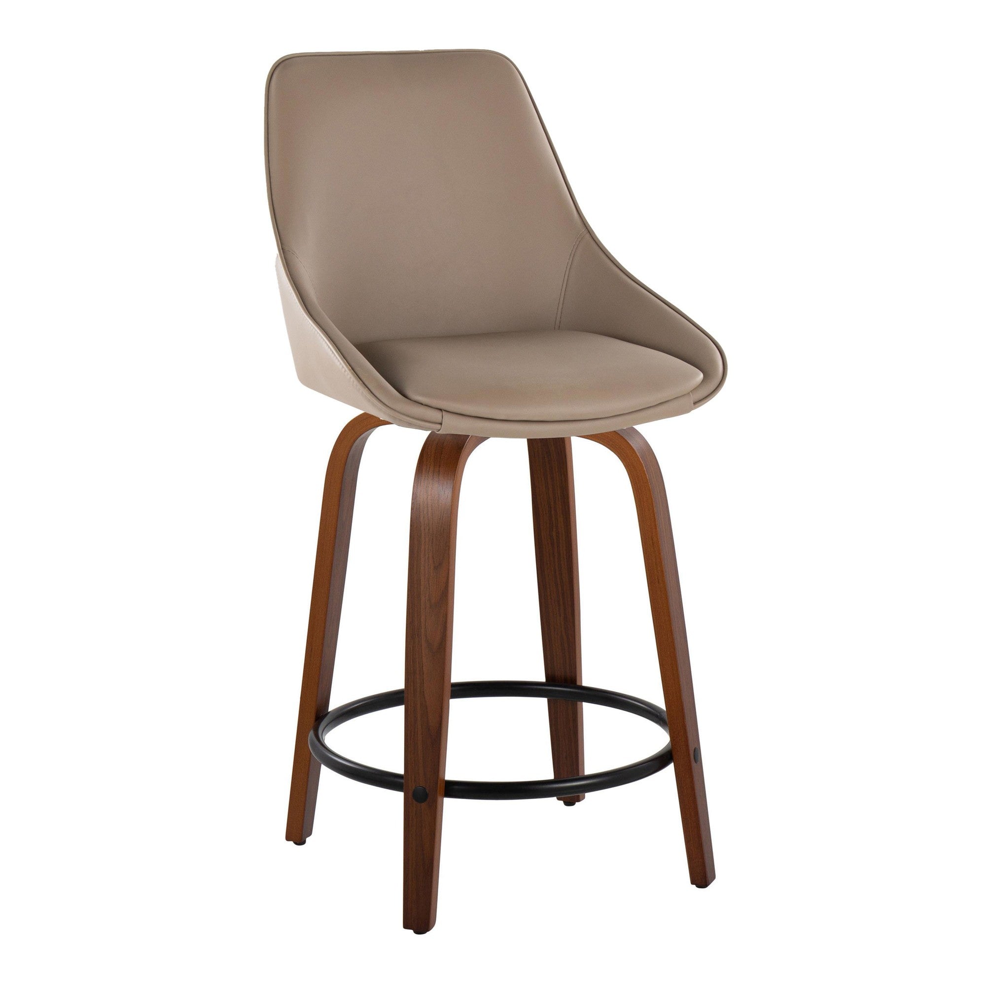 Diana 24" Fixed-Height Counter Stool - Set of 2 - Walnut Wood, Brown PU, Black Metal