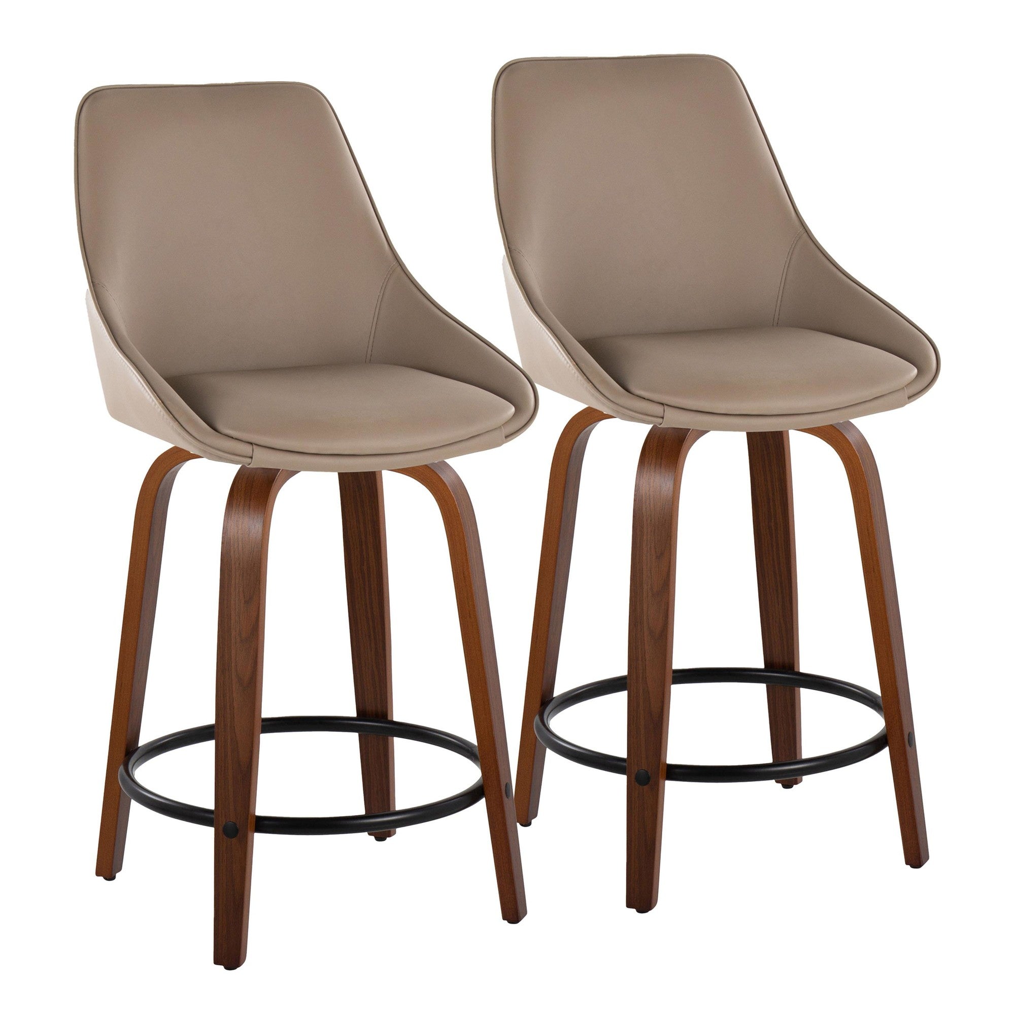 Diana 24" Fixed-Height Counter Stool - Set of 2 - Walnut Wood, Brown PU, Black Metal