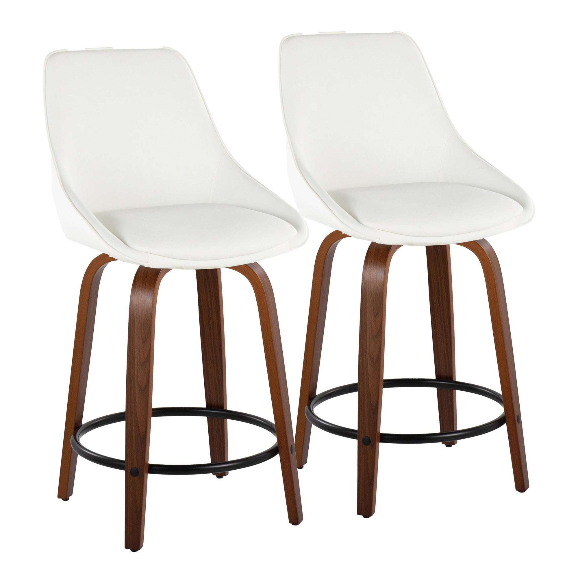 Diana 24" Fixed-Height Counter Stool - Set of 2 - Walnut Wood, White PU, Black Metal