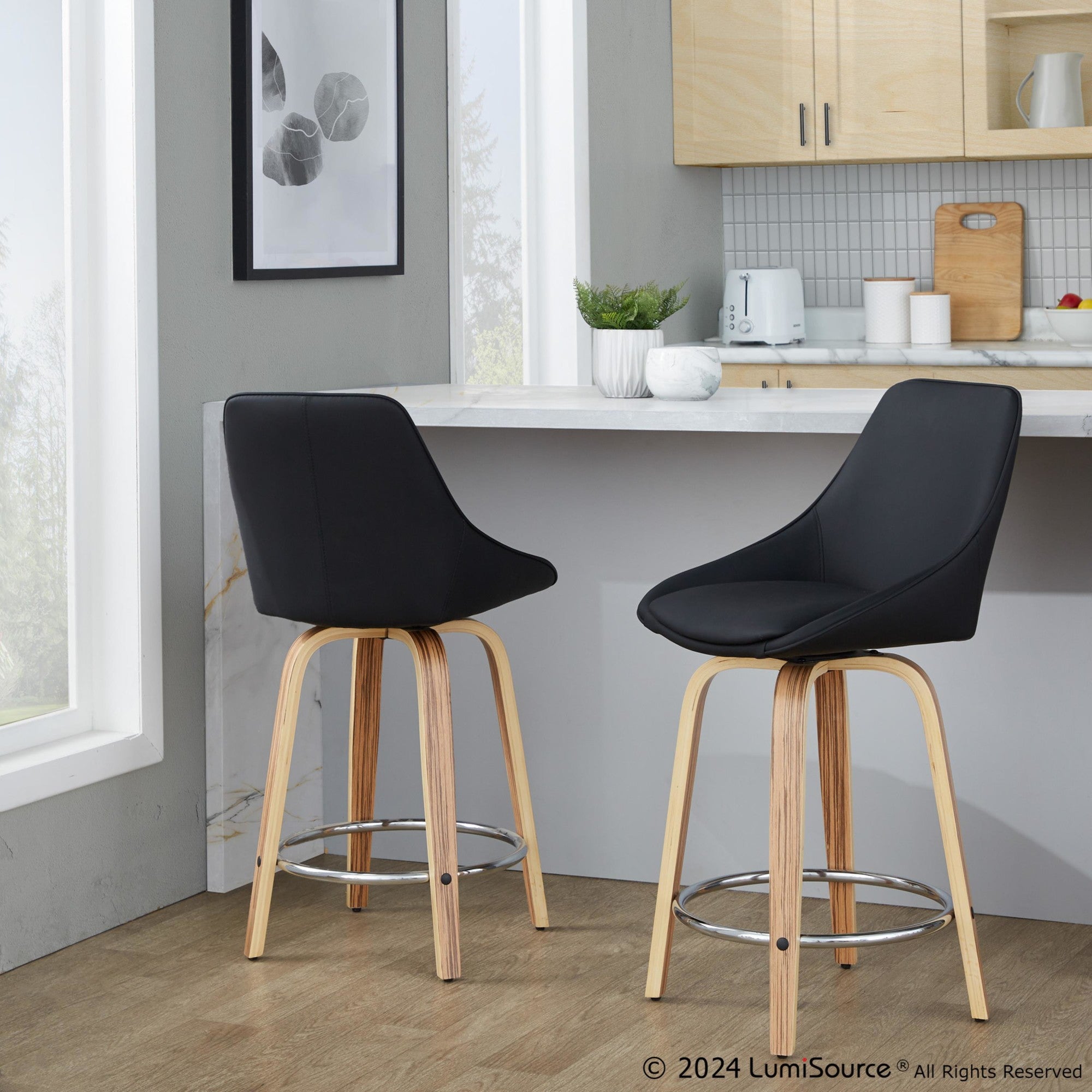 Diana 24" Fixed-Height Counter Stool - Set of 2 - Zebra Wood, Black PU, Chrome Metal