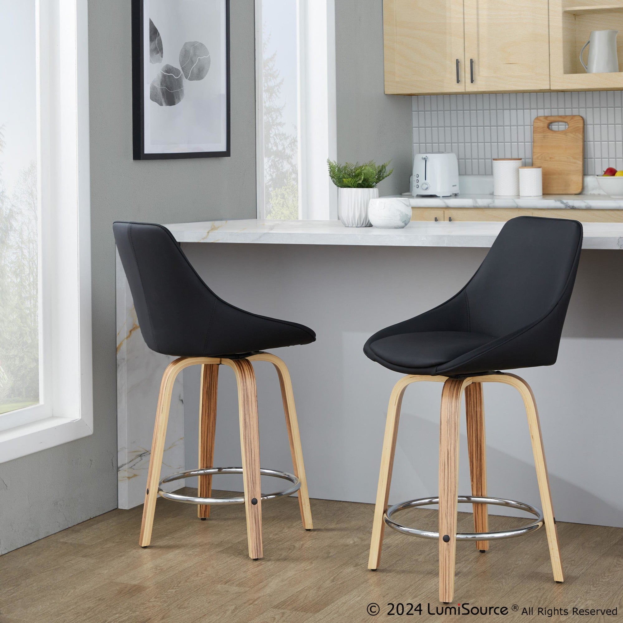 Diana 24" Fixed-Height Counter Stool - Set of 2 - Zebra Wood, Black PU, Chrome Metal