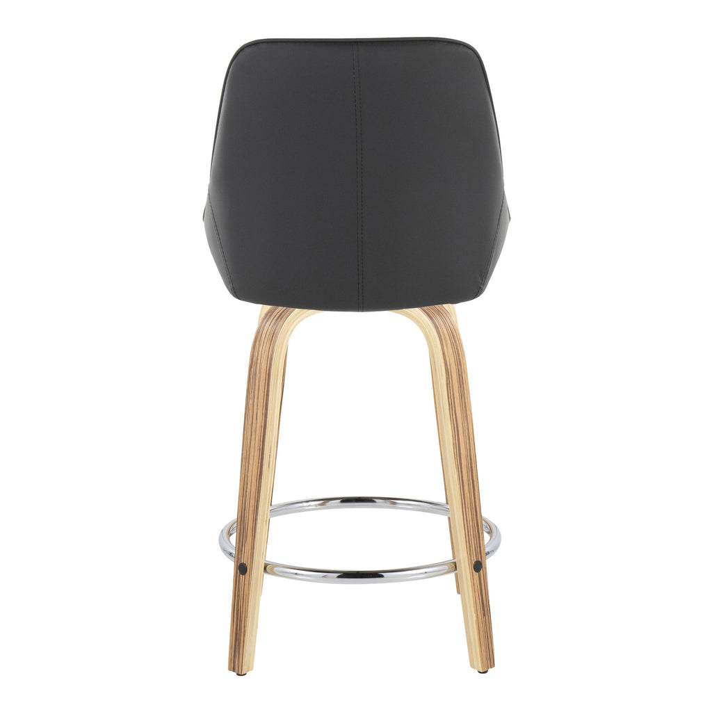 Diana 24" Fixed-Height Counter Stool - Set of 2 - Zebra Wood, Black PU, Chrome Metal