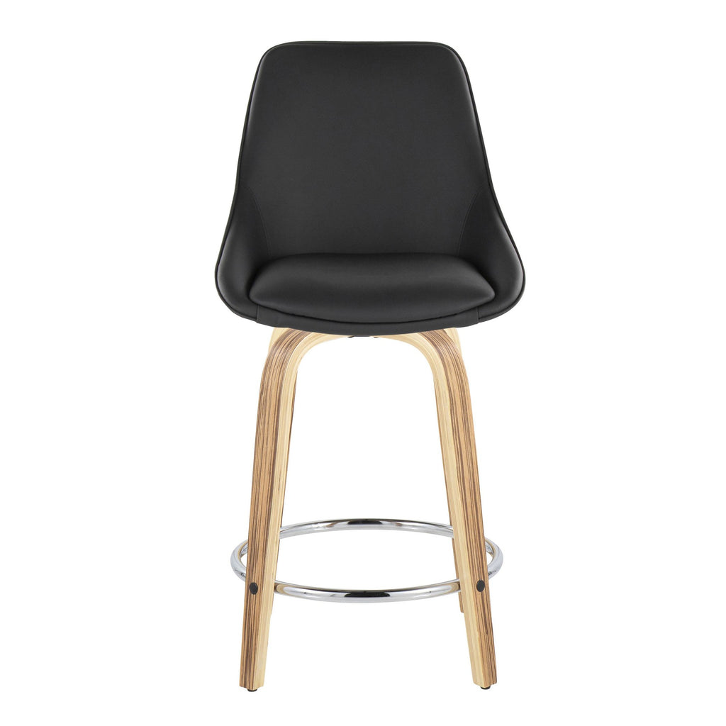 Diana 24" Fixed-Height Counter Stool - Set of 2 - Zebra Wood, Black PU, Chrome Metal