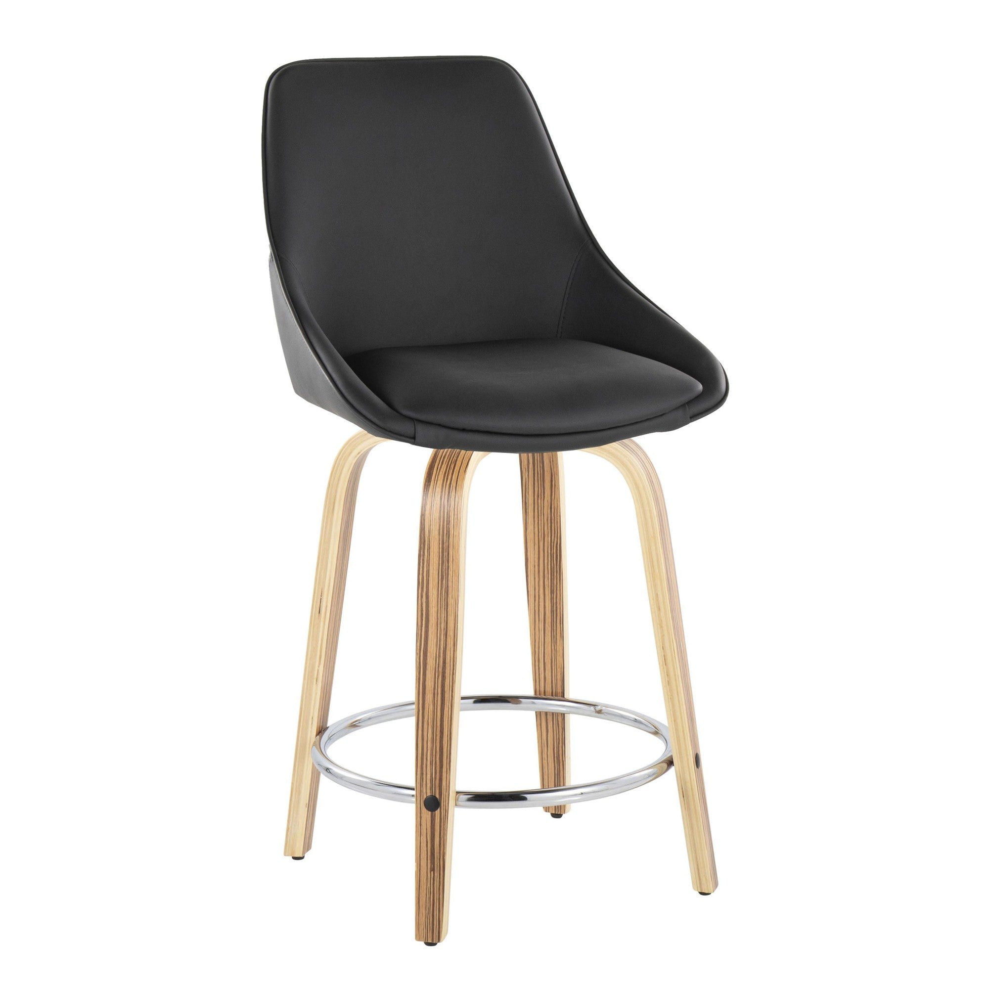 Diana 24" Fixed-Height Counter Stool - Set of 2 - Zebra Wood, Black PU, Chrome Metal