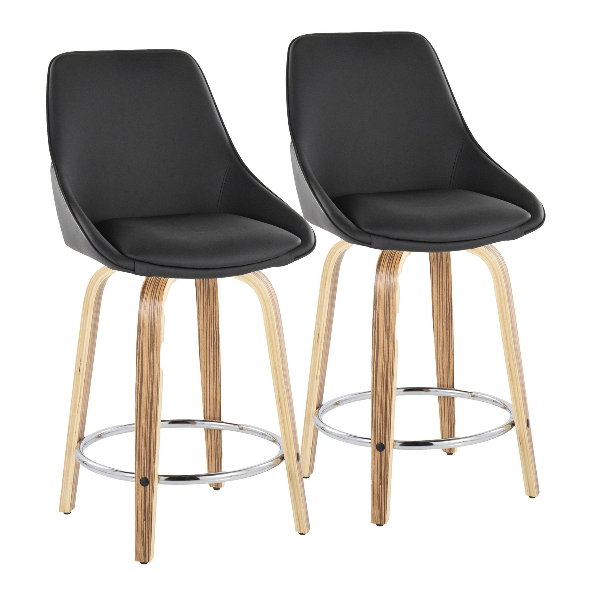Diana 24" Fixed-Height Counter Stool - Set of 2 - Zebra Wood, Black PU, Chrome Metal
