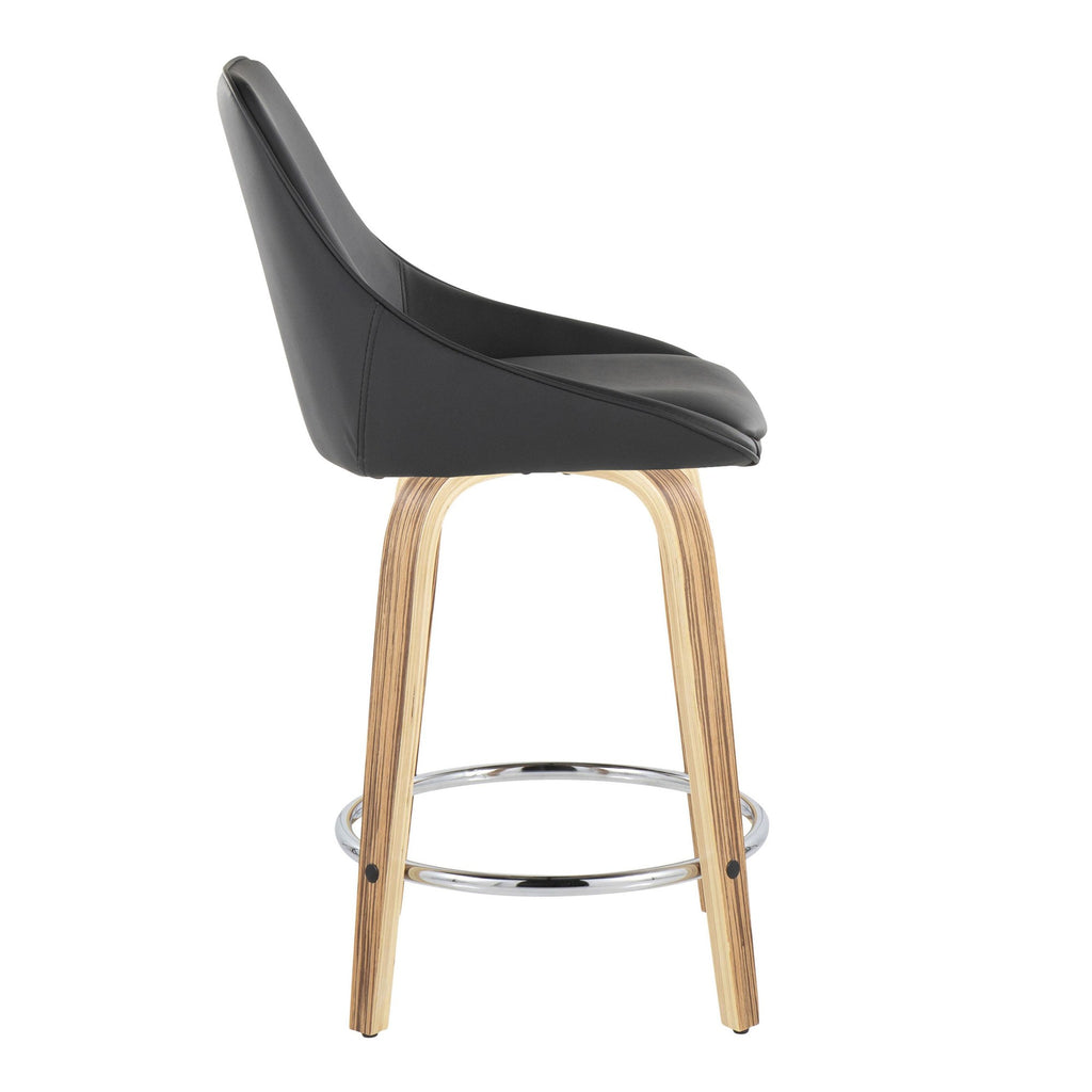 Diana 24" Fixed-Height Counter Stool - Set of 2 - Zebra Wood, Black PU, Chrome Metal