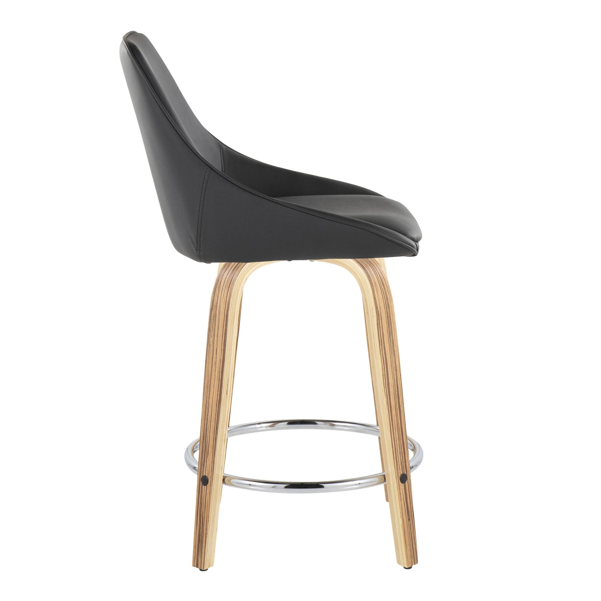 Diana 24" Fixed-Height Counter Stool - Set of 2 - Zebra Wood, Black PU, Chrome Metal
