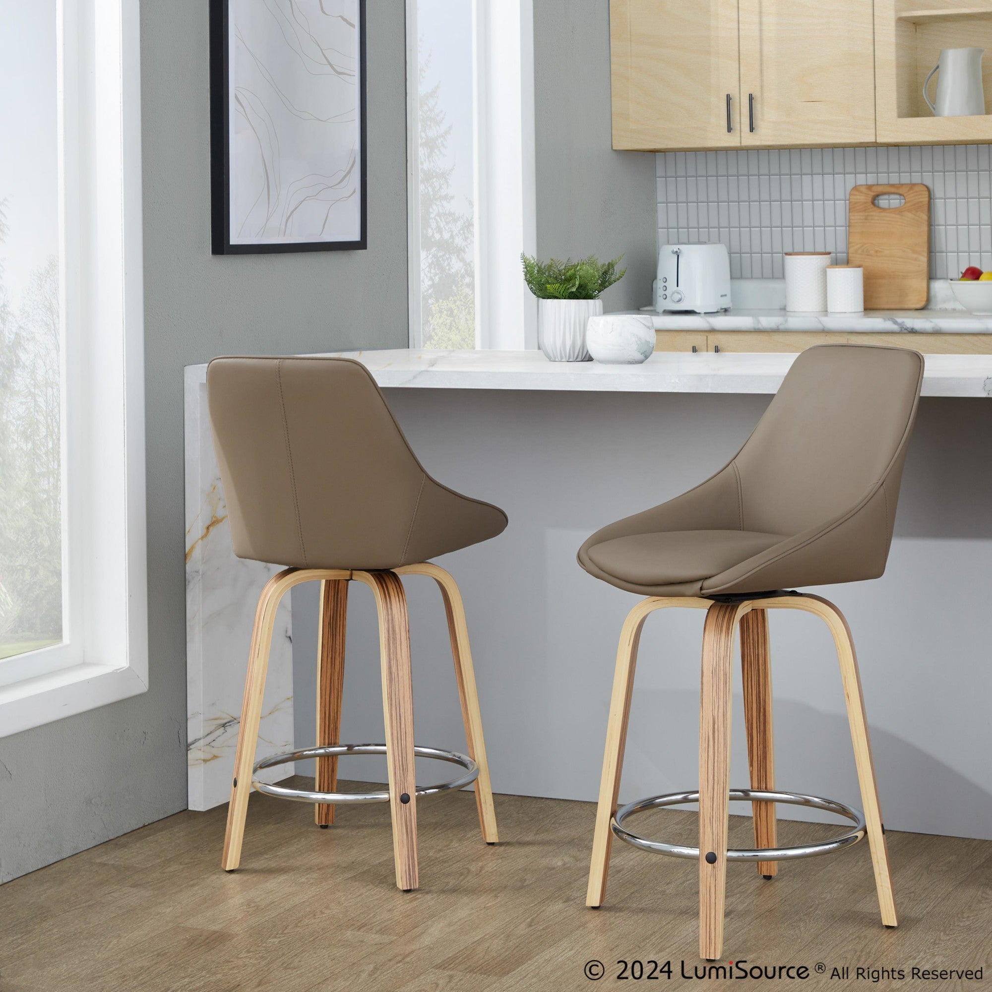 Diana 24" Fixed-Height Counter Stool - Set of 2 - Zebra Wood, Brown PU, Chrome Metal