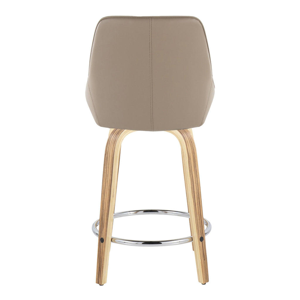 Diana 24" Fixed-Height Counter Stool - Set of 2 - Zebra Wood, Brown PU, Chrome Metal