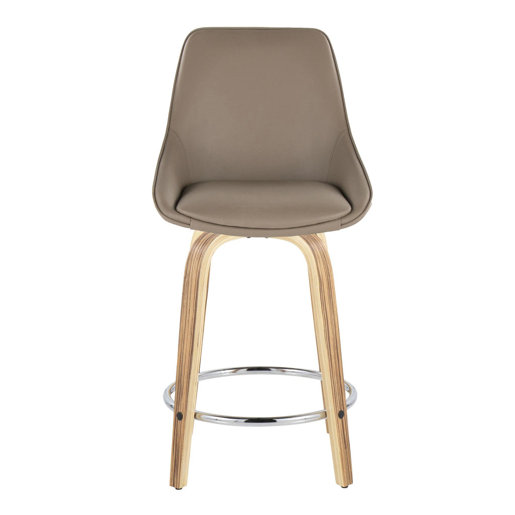 Diana 24" Fixed-Height Counter Stool - Set of 2 - Zebra Wood, Brown PU, Chrome Metal