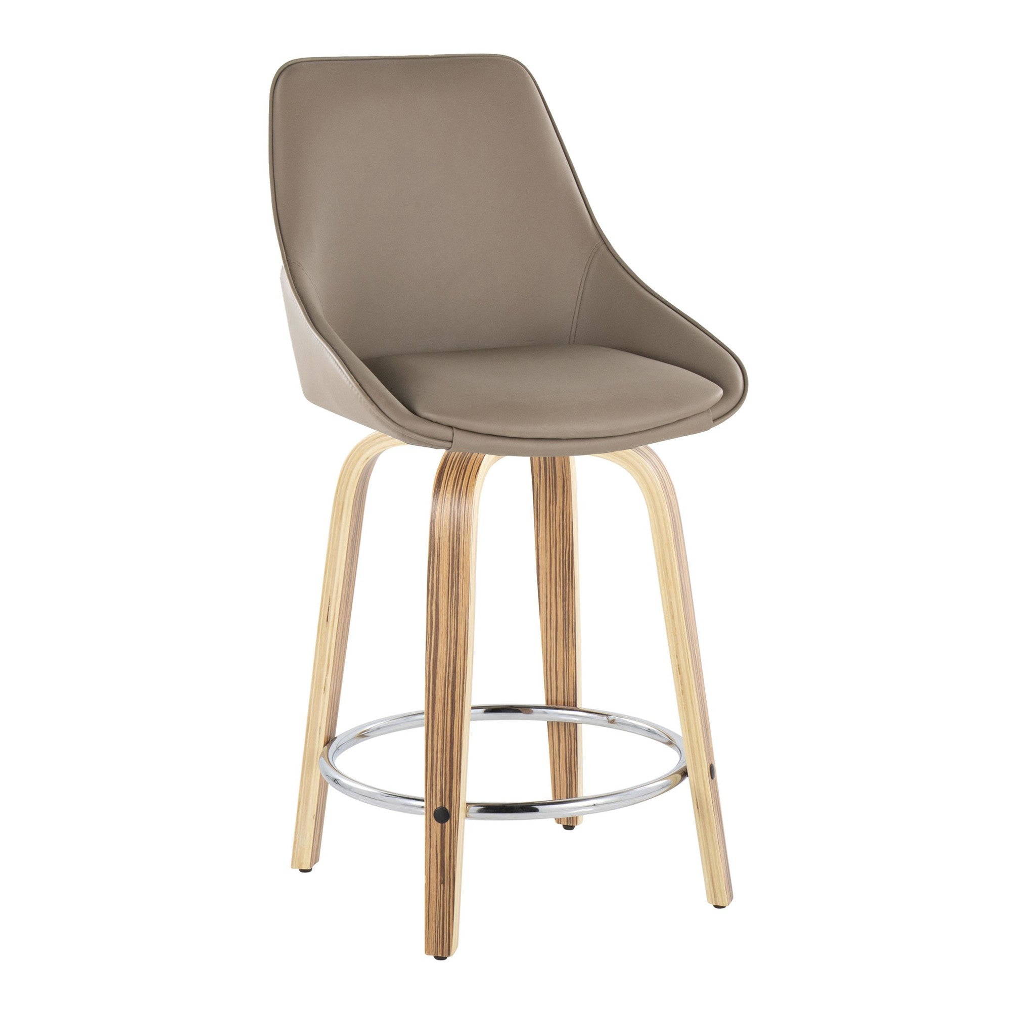 Diana 24" Fixed-Height Counter Stool - Set of 2 - Zebra Wood, Brown PU, Chrome Metal