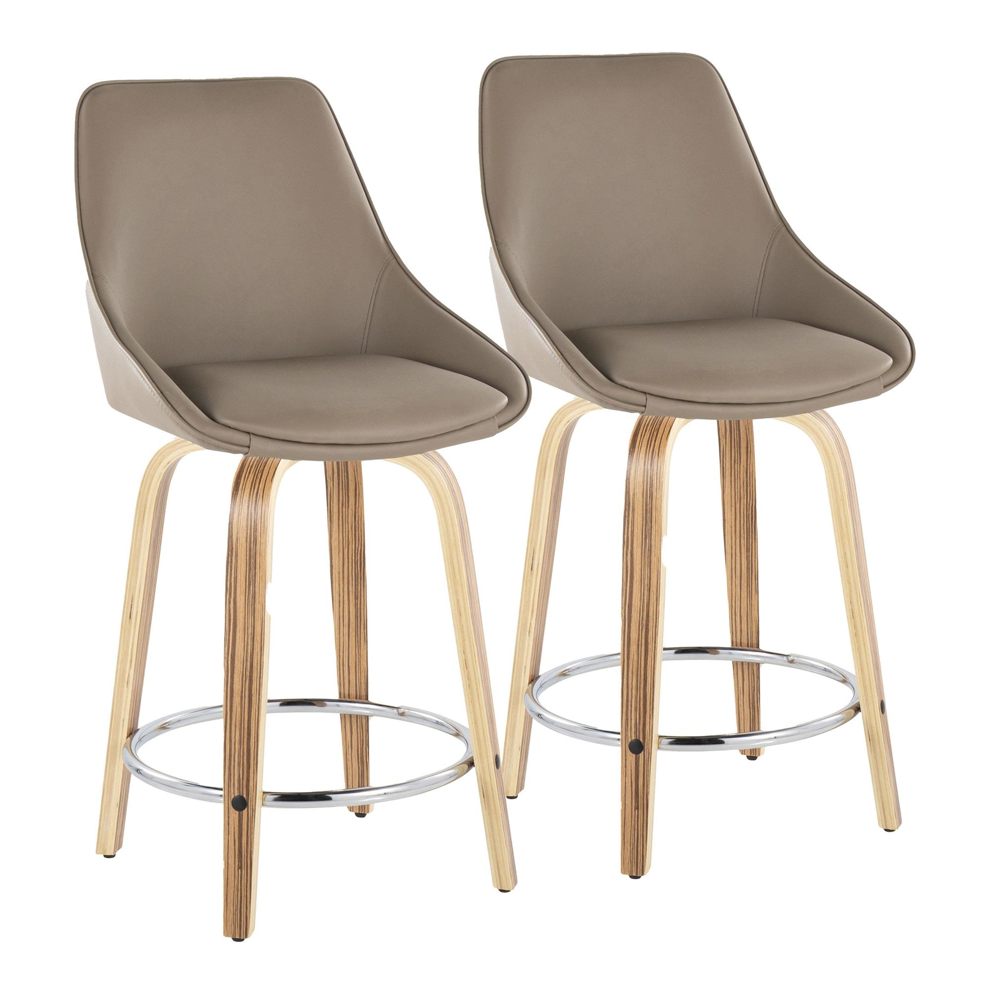Diana 24" Fixed-Height Counter Stool - Set of 2 - Zebra Wood, Brown PU, Chrome Metal