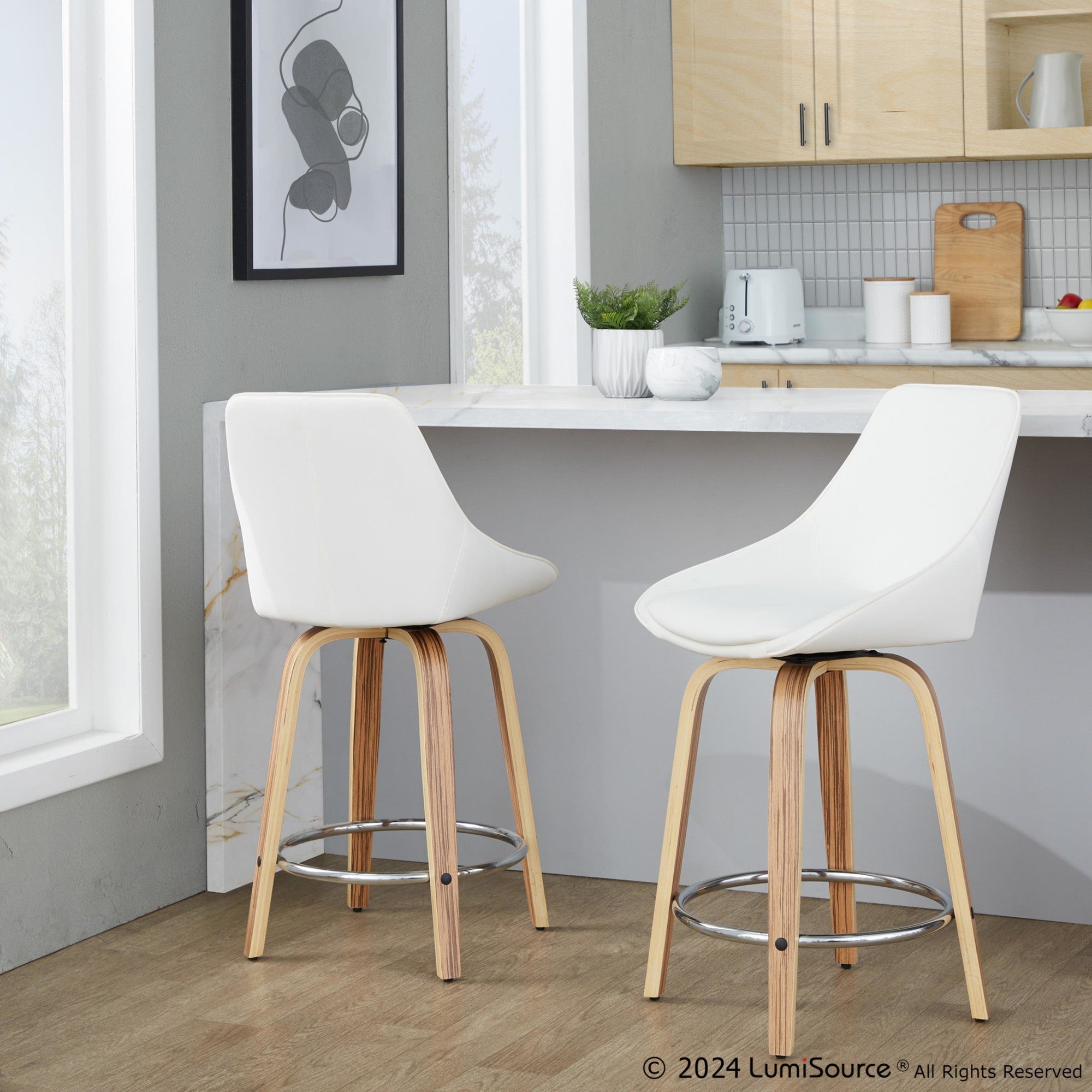 Diana 24" Fixed-Height Counter Stool - Set of 2 - Zebra Wood, White PU, Chrome Metal