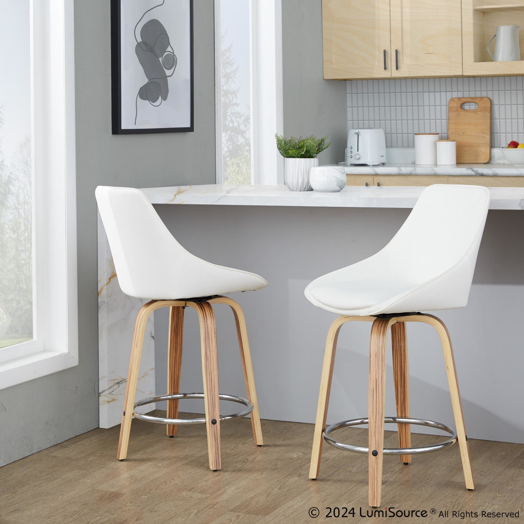 Diana 24" Fixed-Height Counter Stool - Set of 2 - Zebra Wood, White PU, Chrome Metal