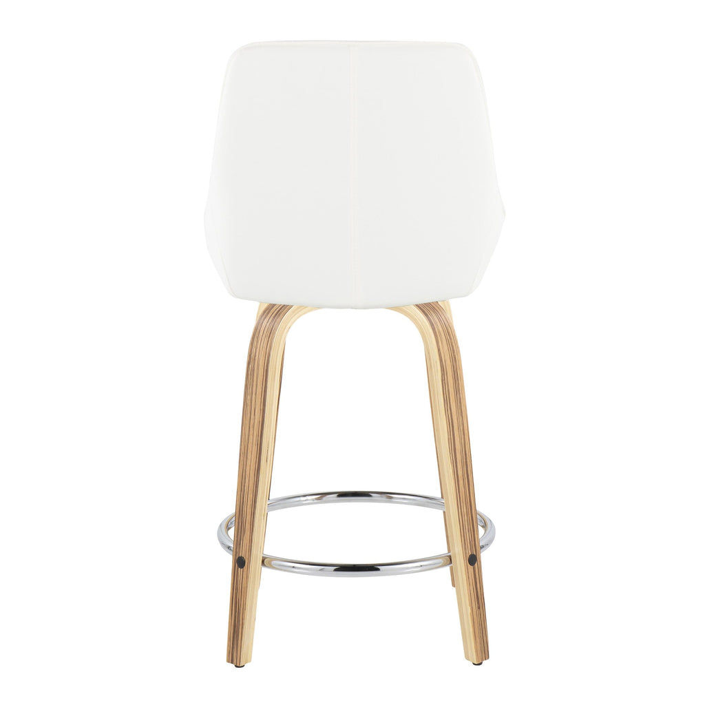 Diana 24" Fixed-Height Counter Stool - Set of 2 - Zebra Wood, White PU, Chrome Metal
