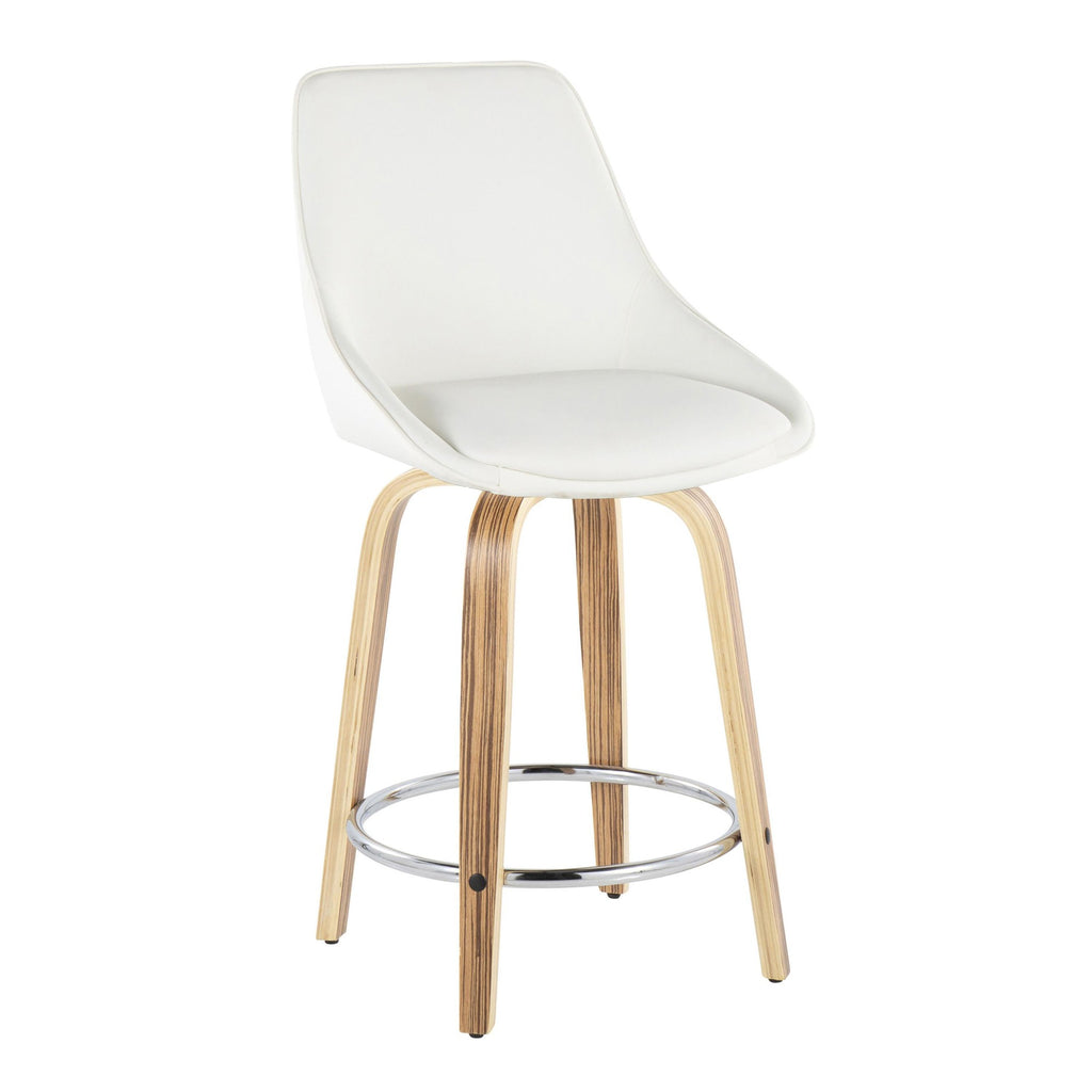 Diana 24" Fixed-Height Counter Stool - Set of 2 - Zebra Wood, White PU, Chrome Metal