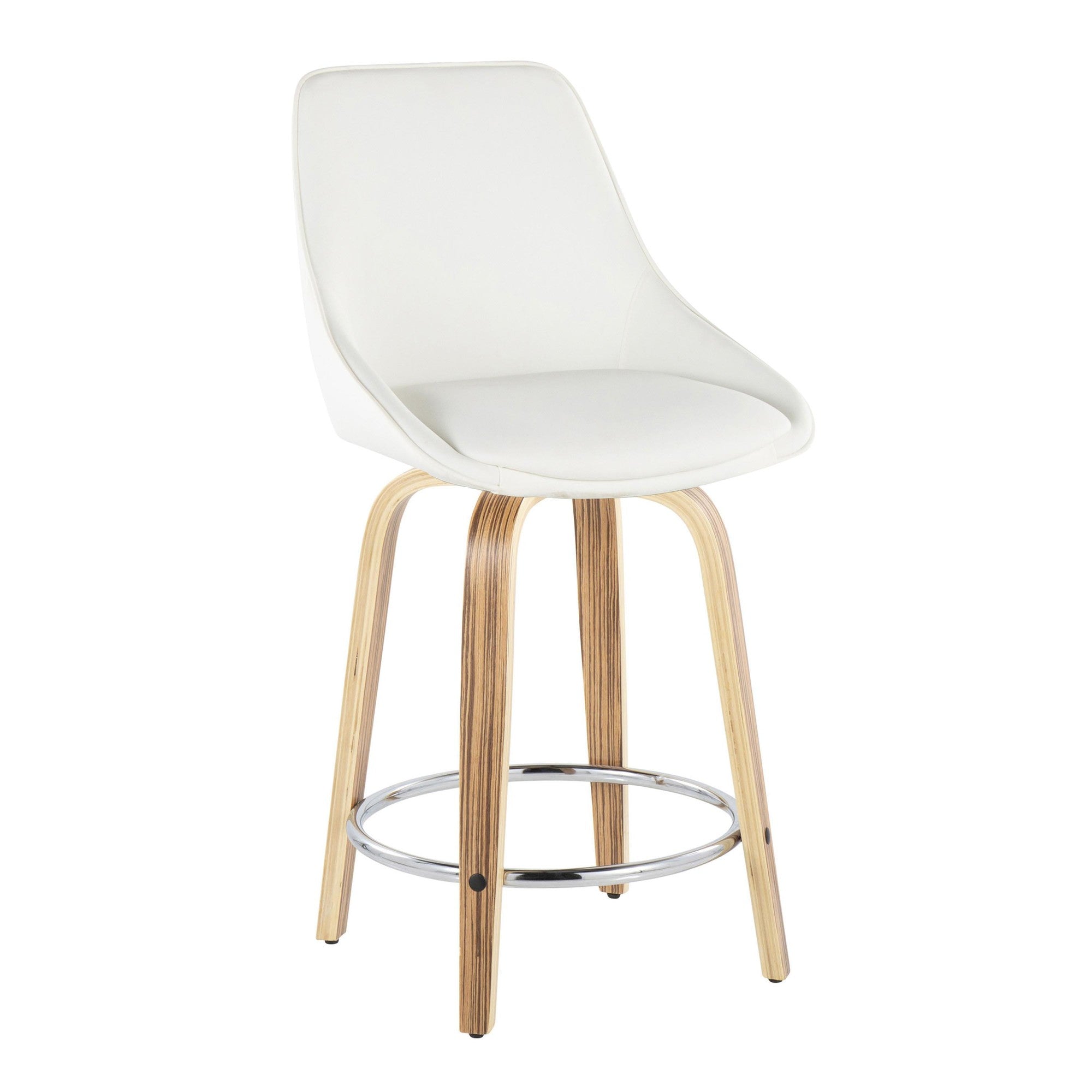 Diana 24" Fixed-Height Counter Stool - Set of 2 - Zebra Wood, White PU, Chrome Metal