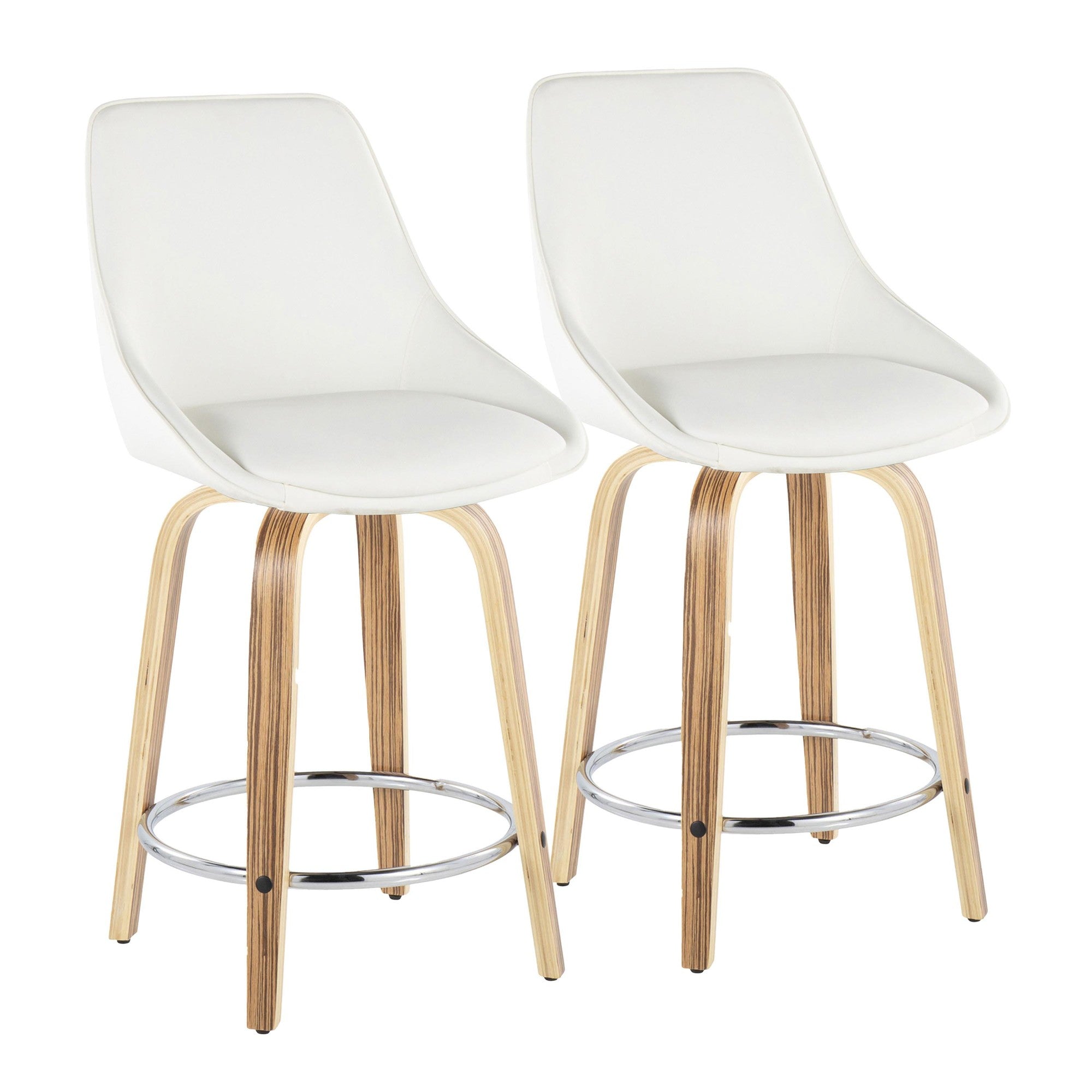Diana 24" Fixed-Height Counter Stool - Set of 2 - Zebra Wood, White PU, Chrome Metal