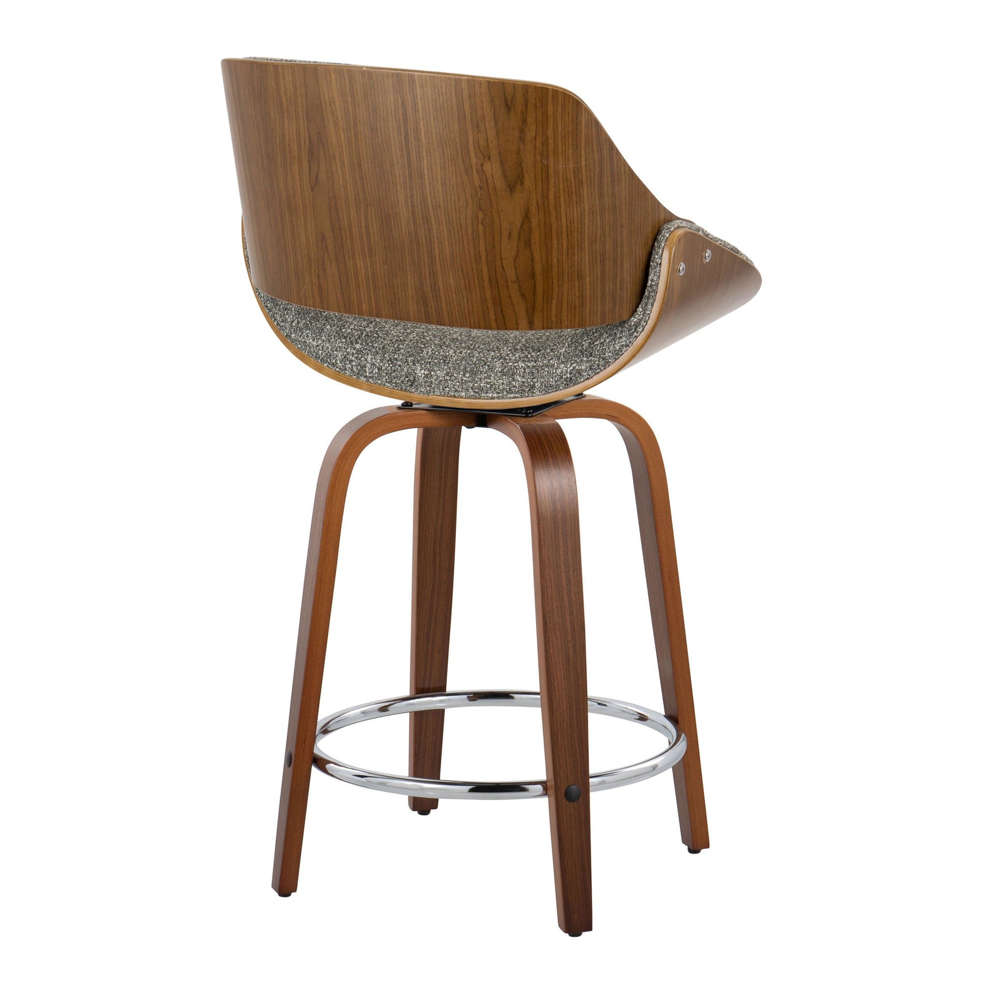 Fabrizzi 24" Fixed-Height Counter Stool - Set of 2 - Walnut Wood, Chrome Metal, Grey Noise Fabric