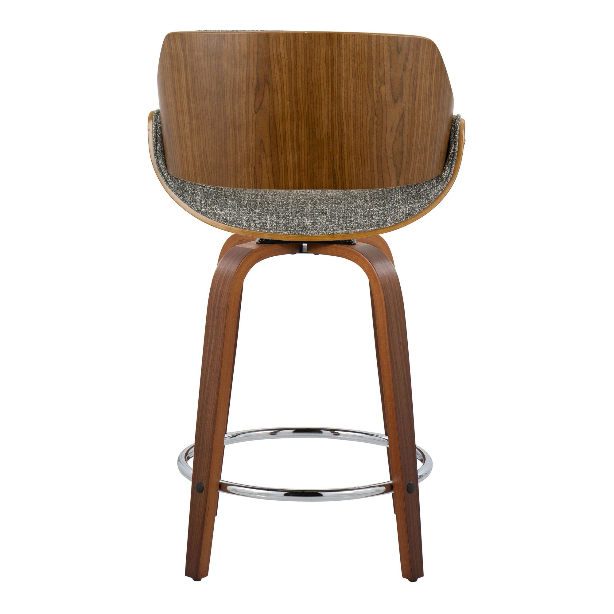 Fabrizzi 24" Fixed-Height Counter Stool - Set of 2 - Walnut Wood, Chrome Metal, Grey Noise Fabric