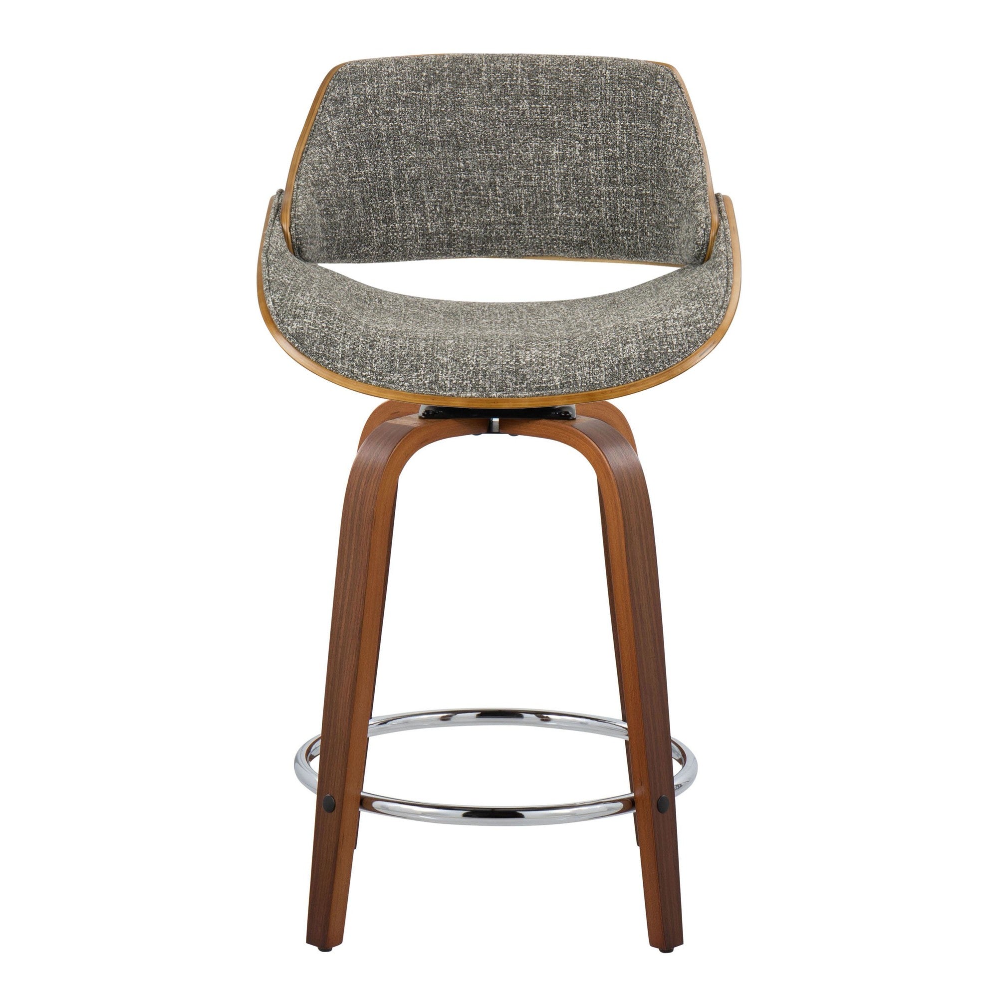 Fabrizzi 24" Fixed-Height Counter Stool - Set of 2 - Walnut Wood, Chrome Metal, Grey Noise Fabric