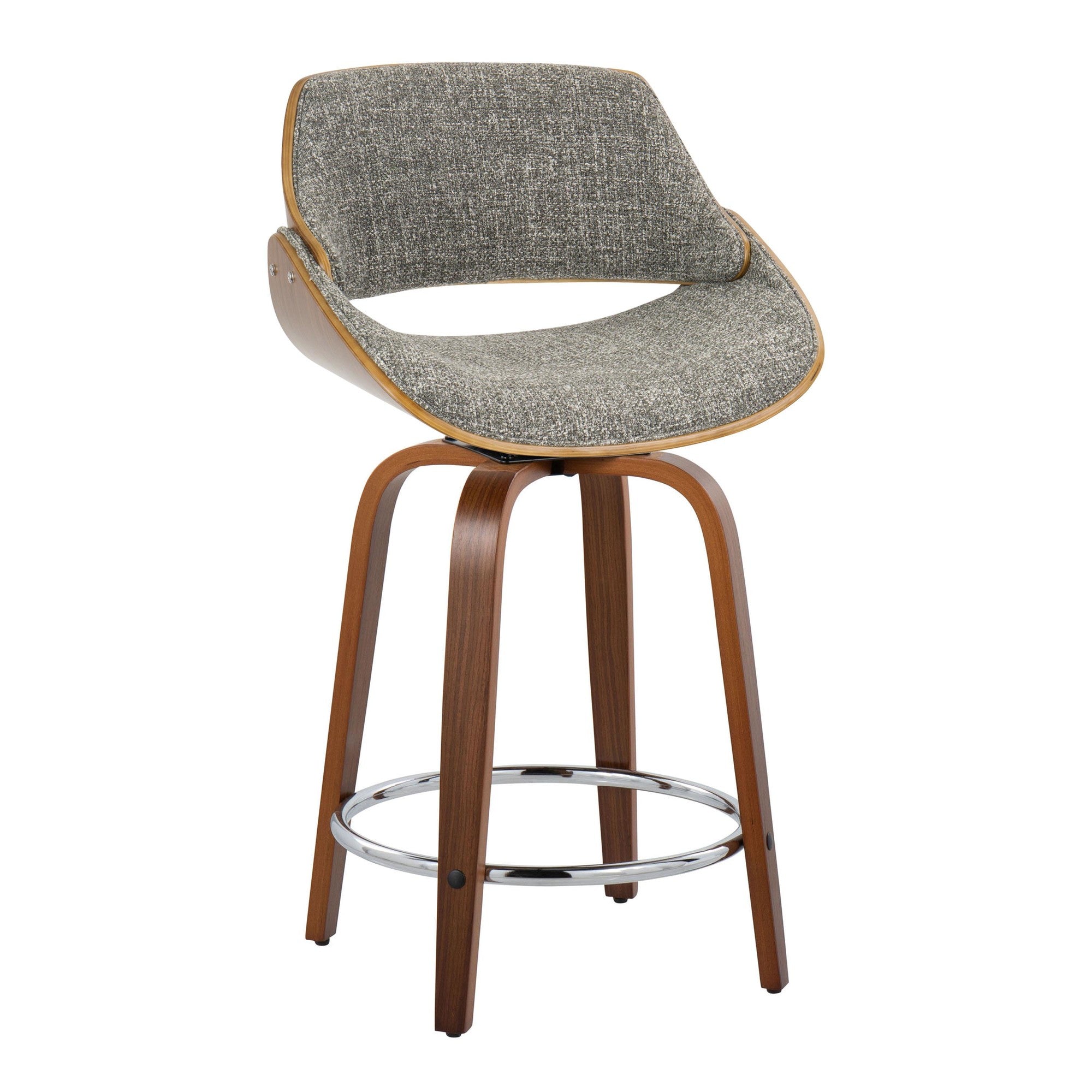 Fabrizzi 24" Fixed-Height Counter Stool - Set of 2 - Walnut Wood, Chrome Metal, Grey Noise Fabric