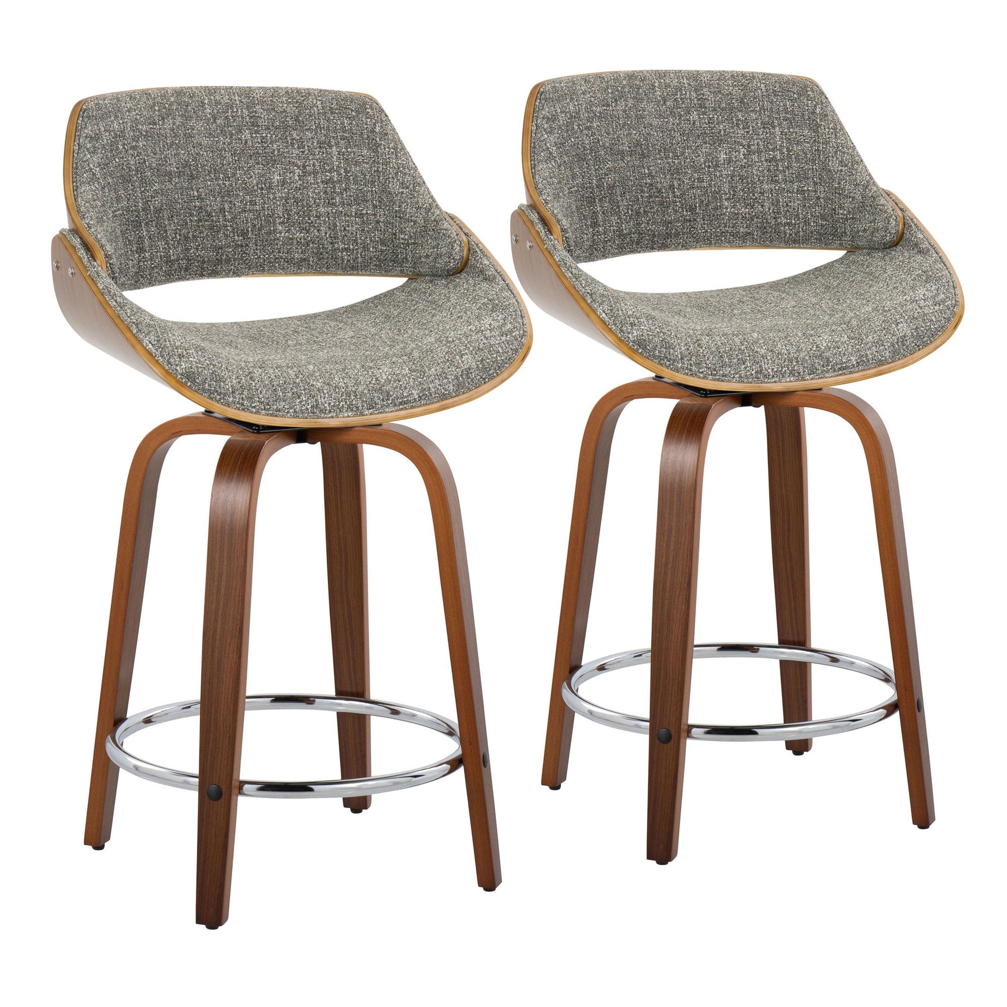 Fabrizzi 24" Fixed-Height Counter Stool - Set of 2 - Walnut Wood, Chrome Metal, Grey Noise Fabric