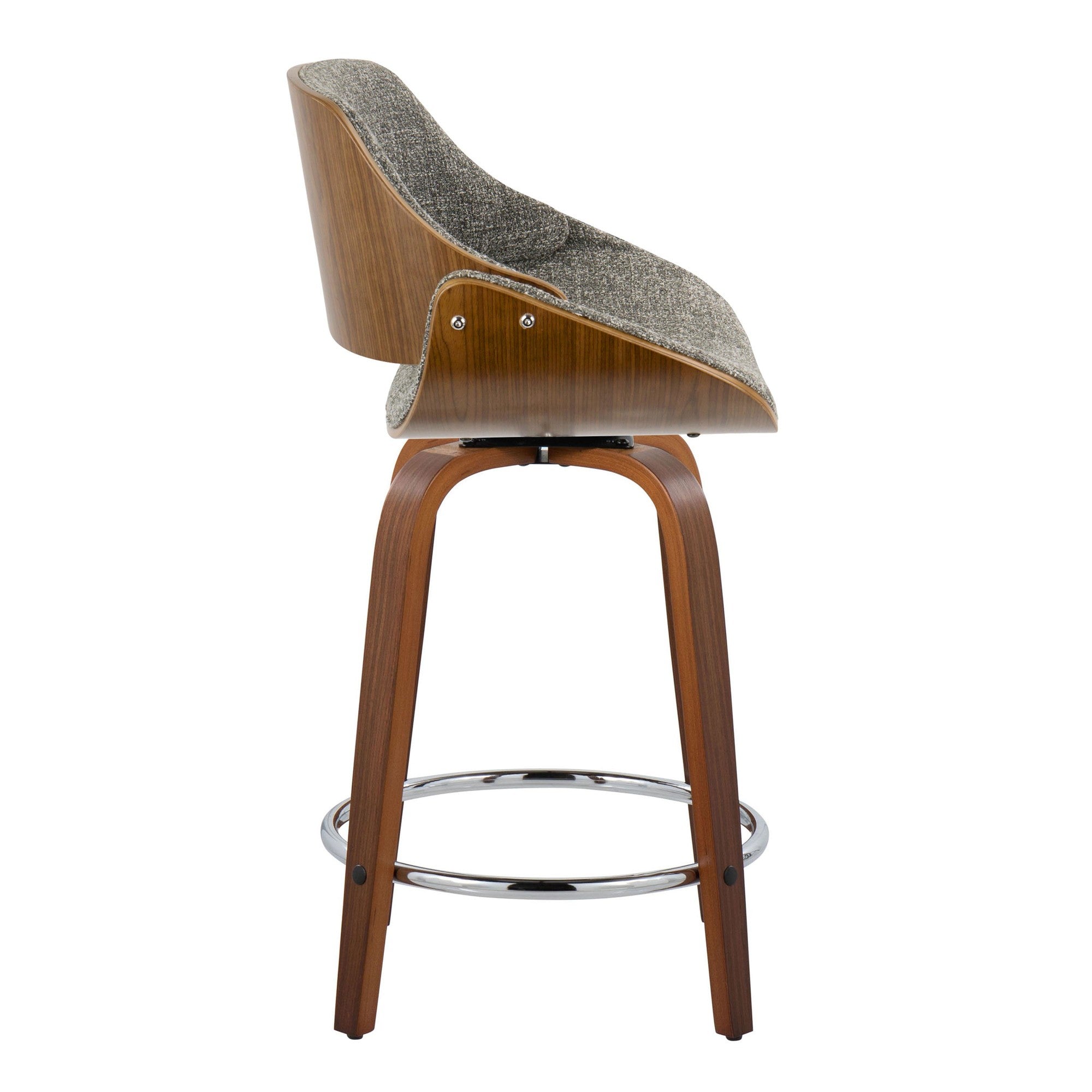 Fabrizzi 24" Fixed-Height Counter Stool - Set of 2 - Walnut Wood, Chrome Metal, Grey Noise Fabric