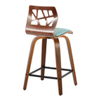 Folia 24" Fixed-Height Counter Stool - Set of 2 - Black Metal, Walnut Wood, Teal Fabric