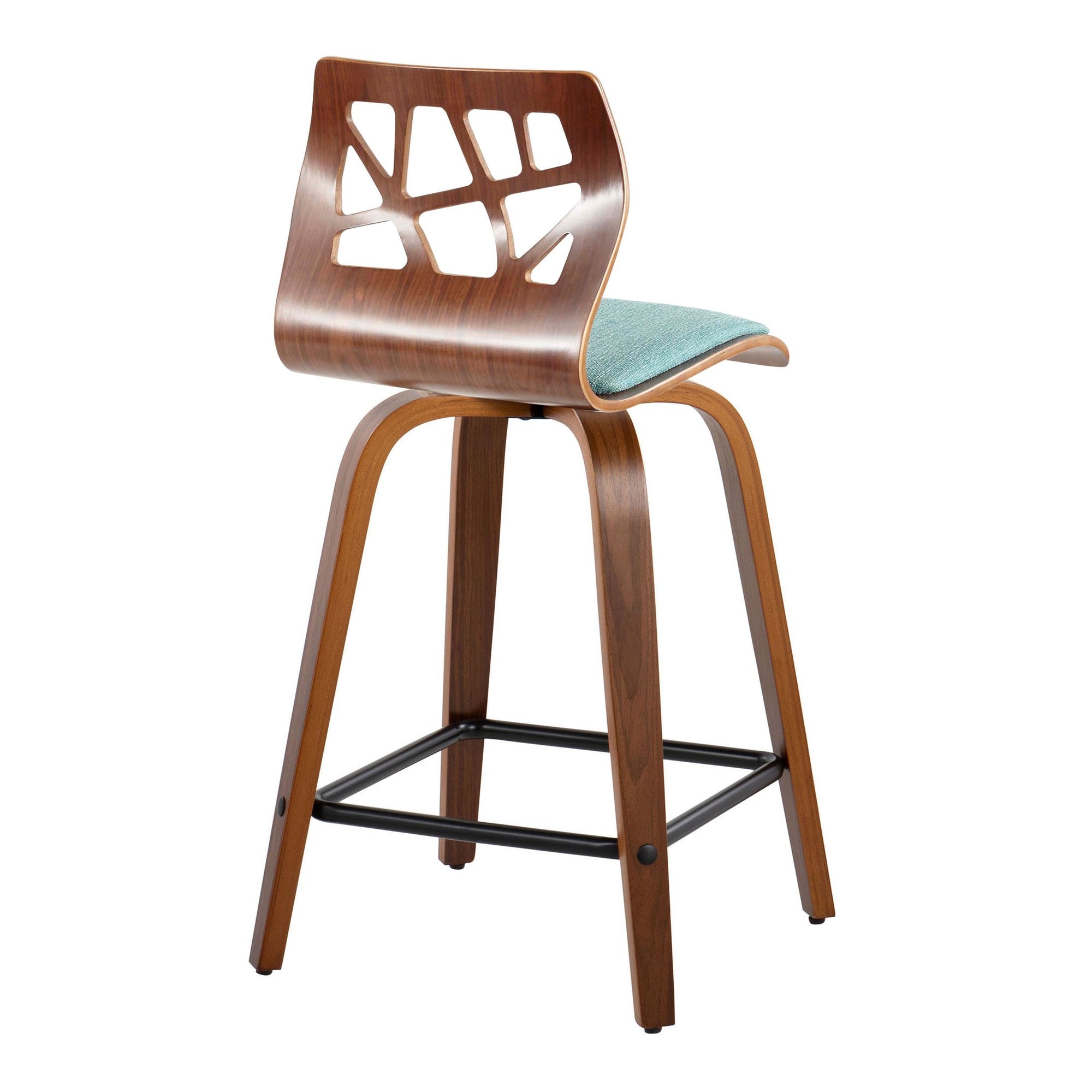 Folia 24" Fixed-Height Counter Stool - Set of 2 - Black Metal, Walnut Wood, Teal Fabric
