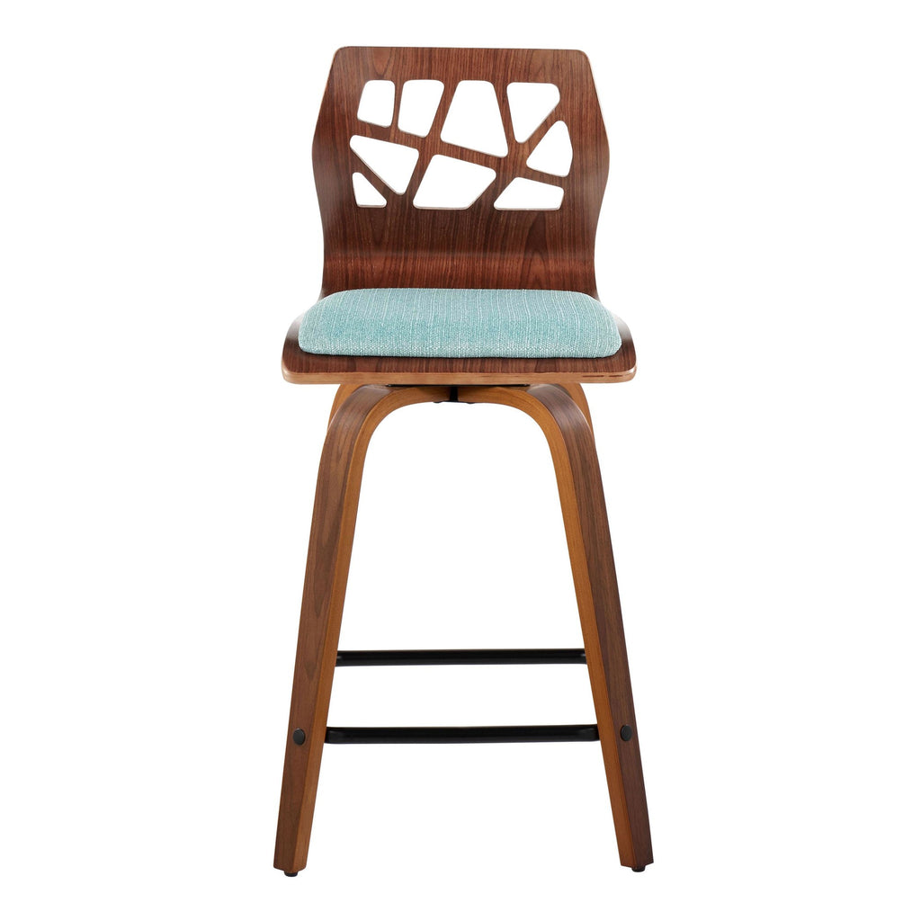 Folia 24" Fixed-Height Counter Stool - Set of 2 - Black Metal, Walnut Wood, Teal Fabric