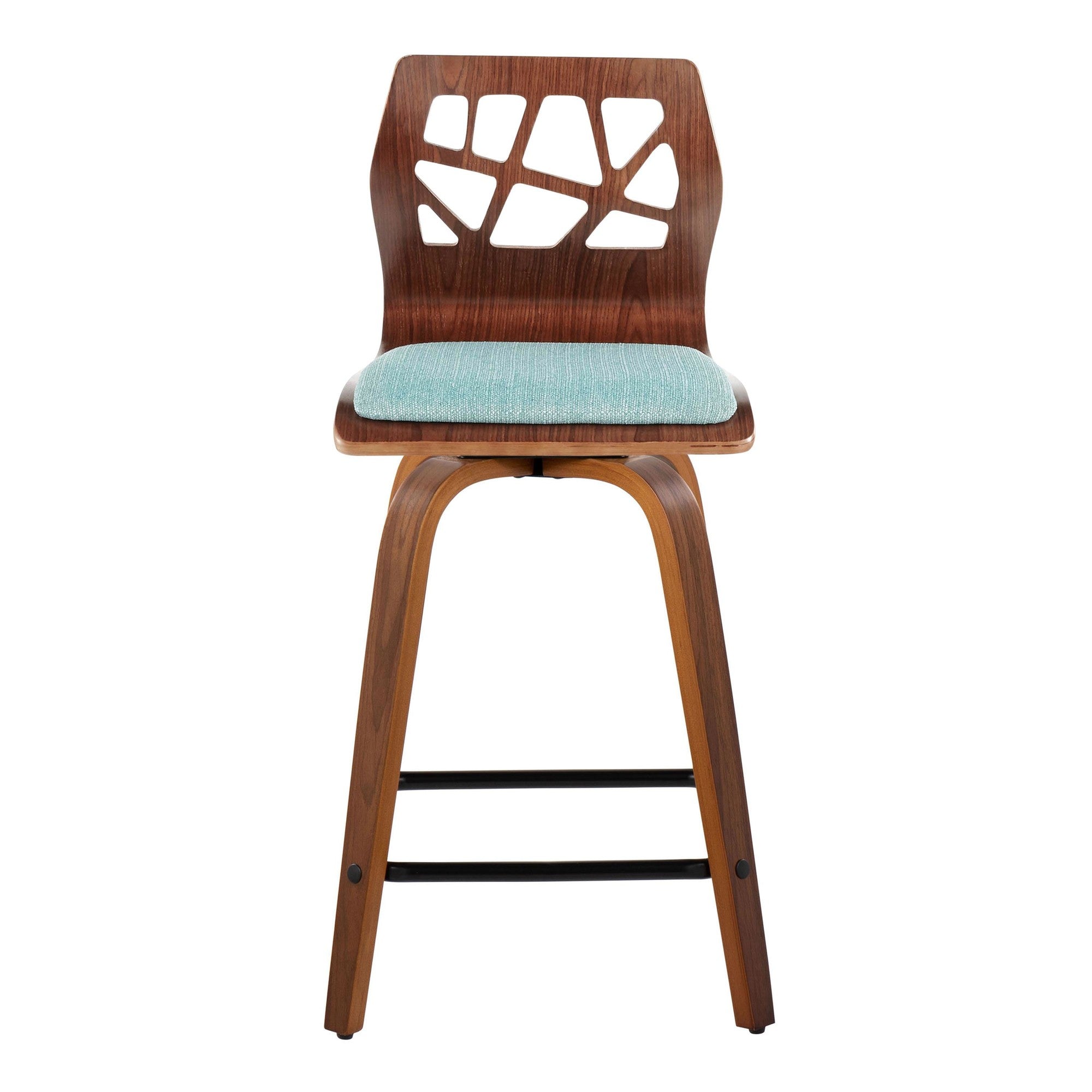 Folia 24" Fixed-Height Counter Stool - Set of 2 - Black Metal, Walnut Wood, Teal Fabric