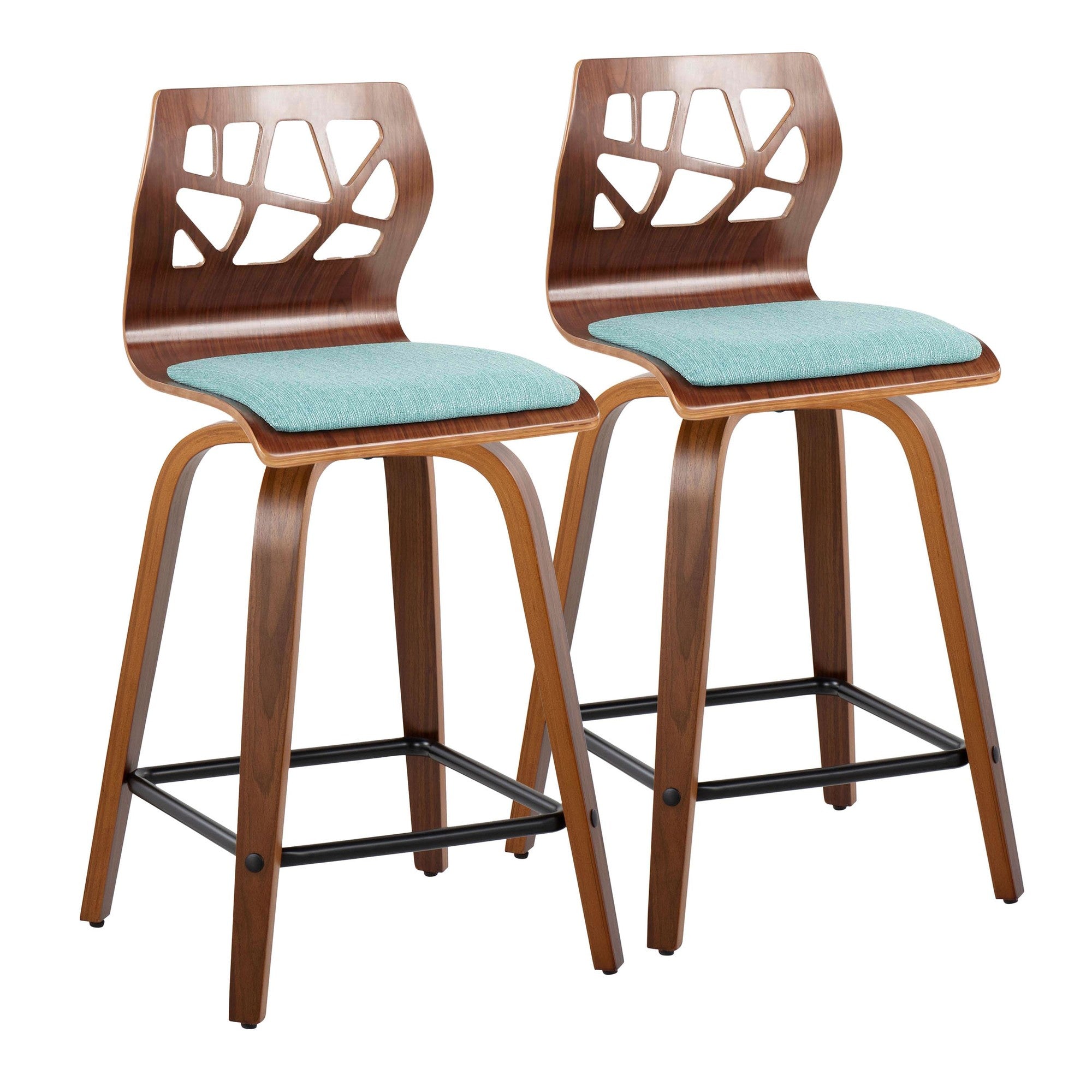 Folia 24" Fixed-Height Counter Stool - Set of 2 - Black Metal, Walnut Wood, Teal Fabric