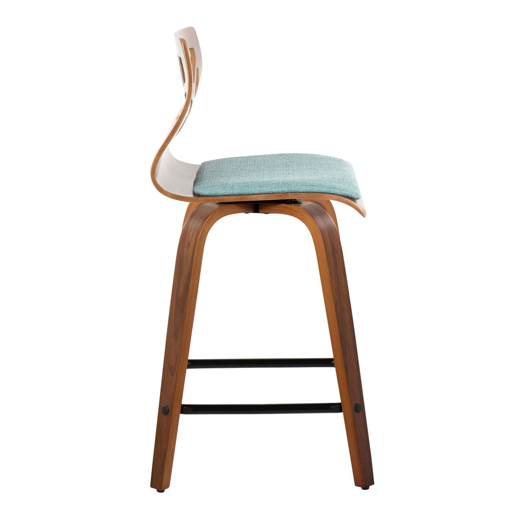 Folia 24" Fixed-Height Counter Stool - Set of 2 - Black Metal, Walnut Wood, Teal Fabric