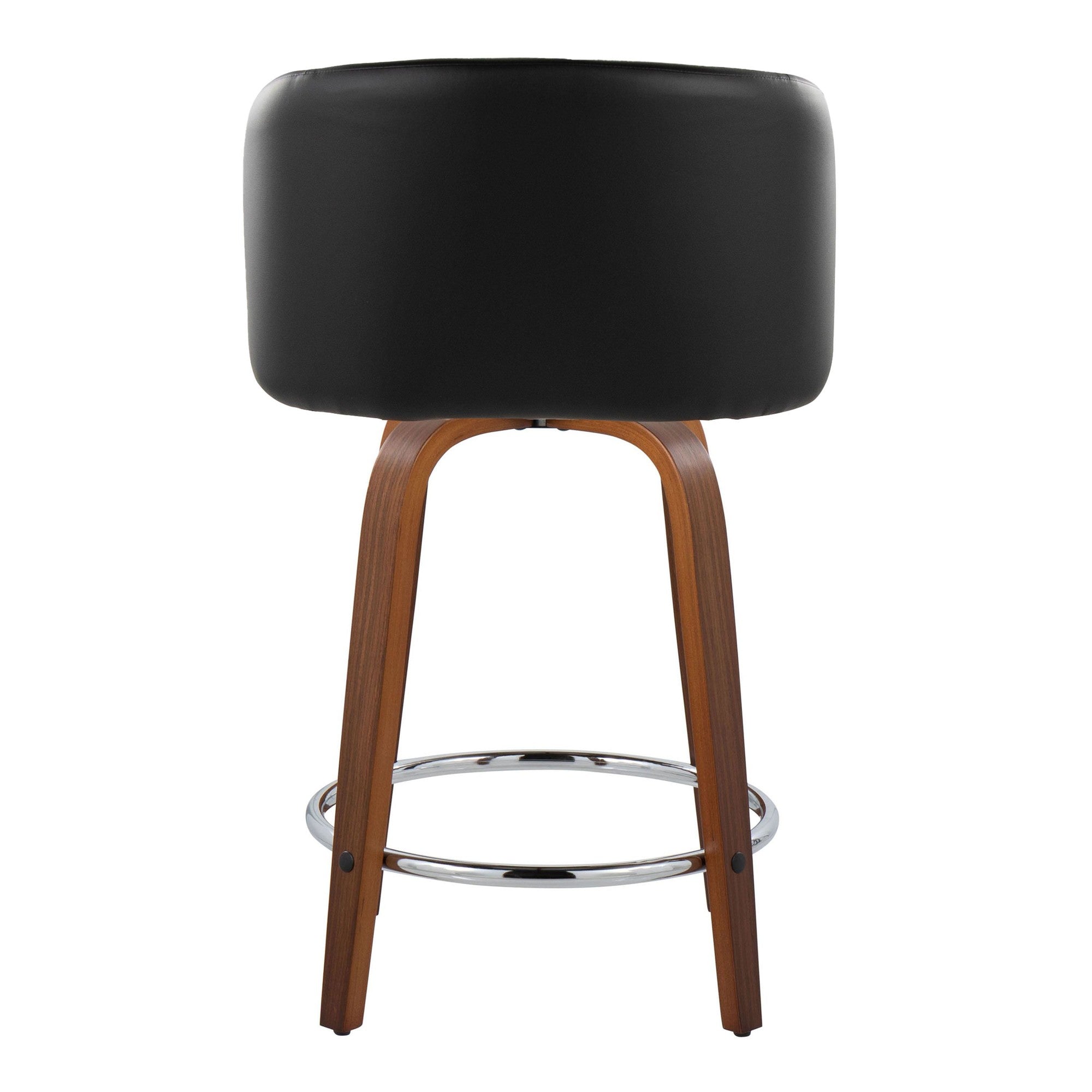 Fran 24" Fixed-Height Counter Stool - Set of 2 - Walnut Wood, Black PU, Chrome Metal