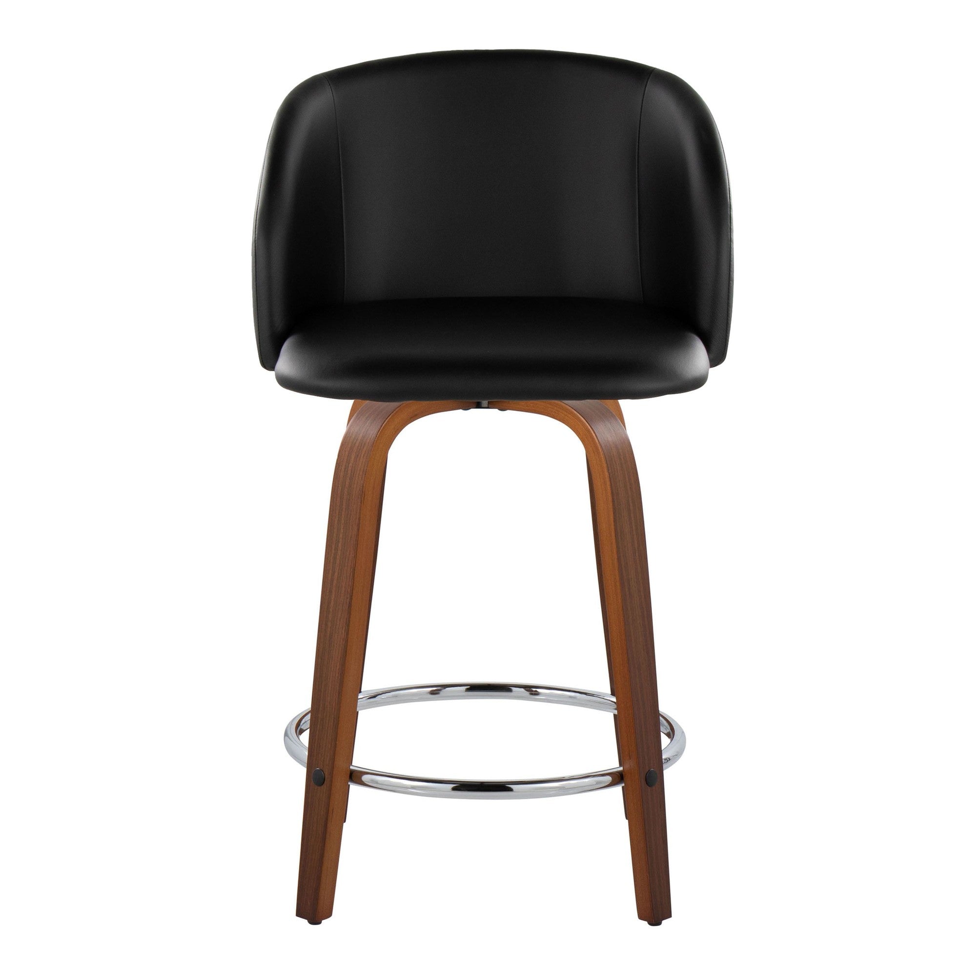 Fran 24" Fixed-Height Counter Stool - Set of 2 - Walnut Wood, Black PU, Chrome Metal