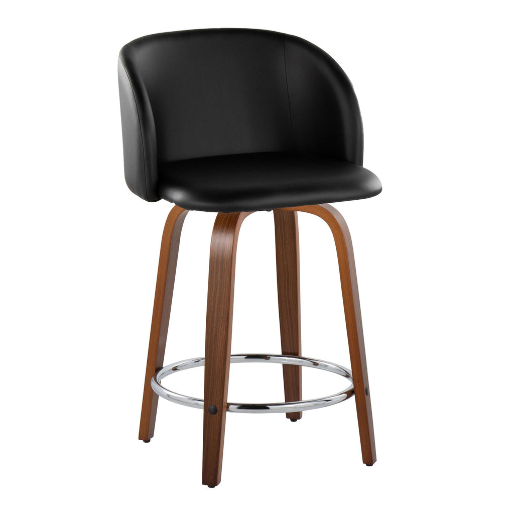 Fran 24" Fixed-Height Counter Stool - Set of 2 - Walnut Wood, Black PU, Chrome Metal