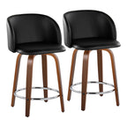 Fran 24" Fixed-Height Counter Stool - Set of 2 - Walnut Wood, Black PU, Chrome Metal
