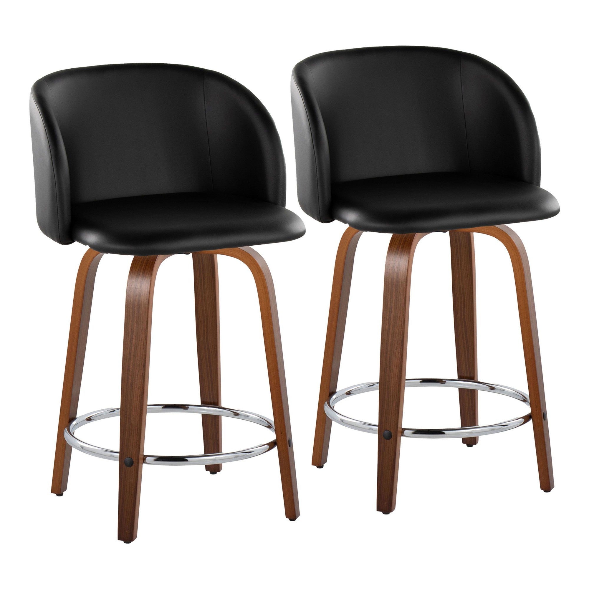 Fran 24" Fixed-Height Counter Stool - Set of 2 - Walnut Wood, Black PU, Chrome Metal