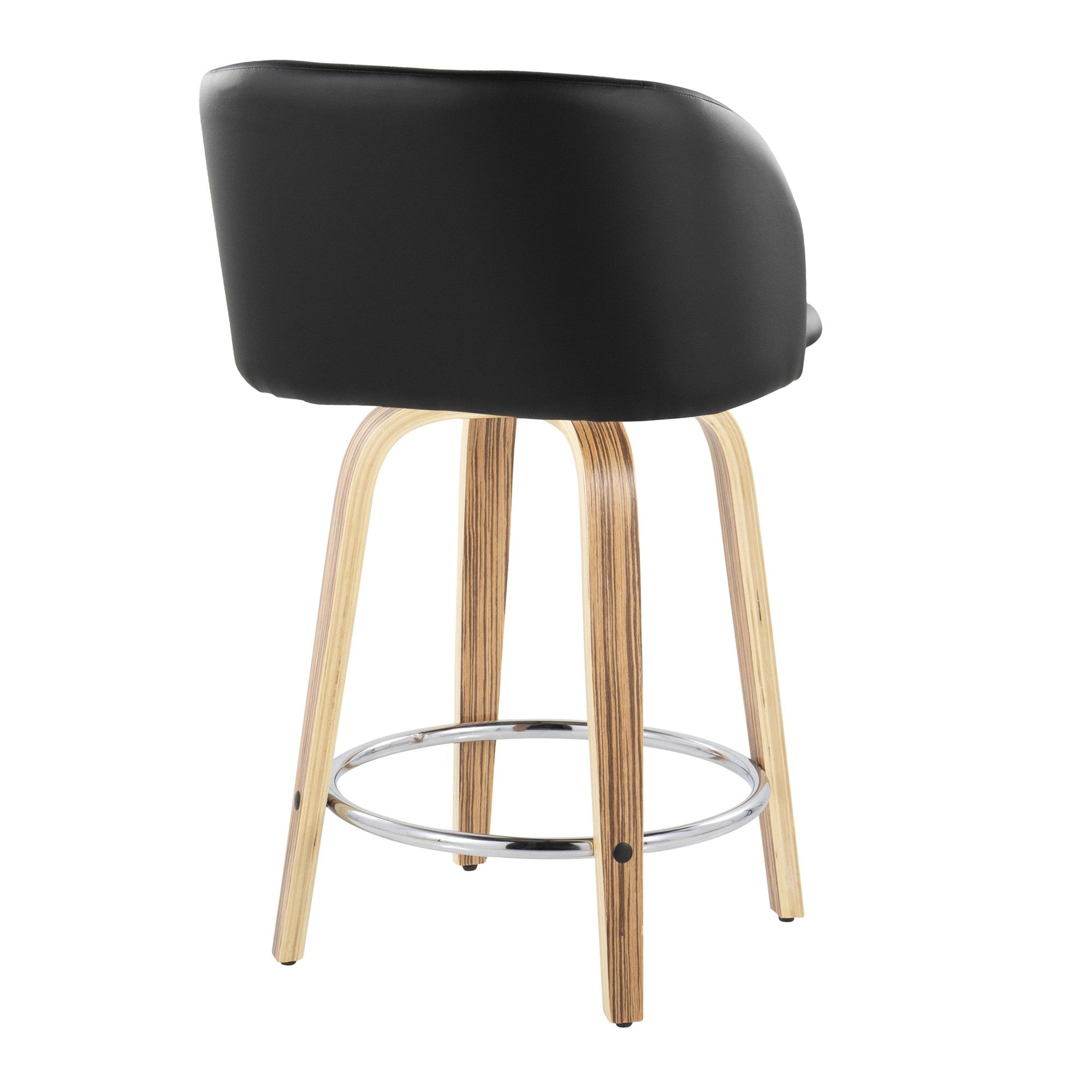 Fran 24" Fixed-Height Counter Stool - Set of 2 - Zebra Wood, Black PU, Chrome Metal