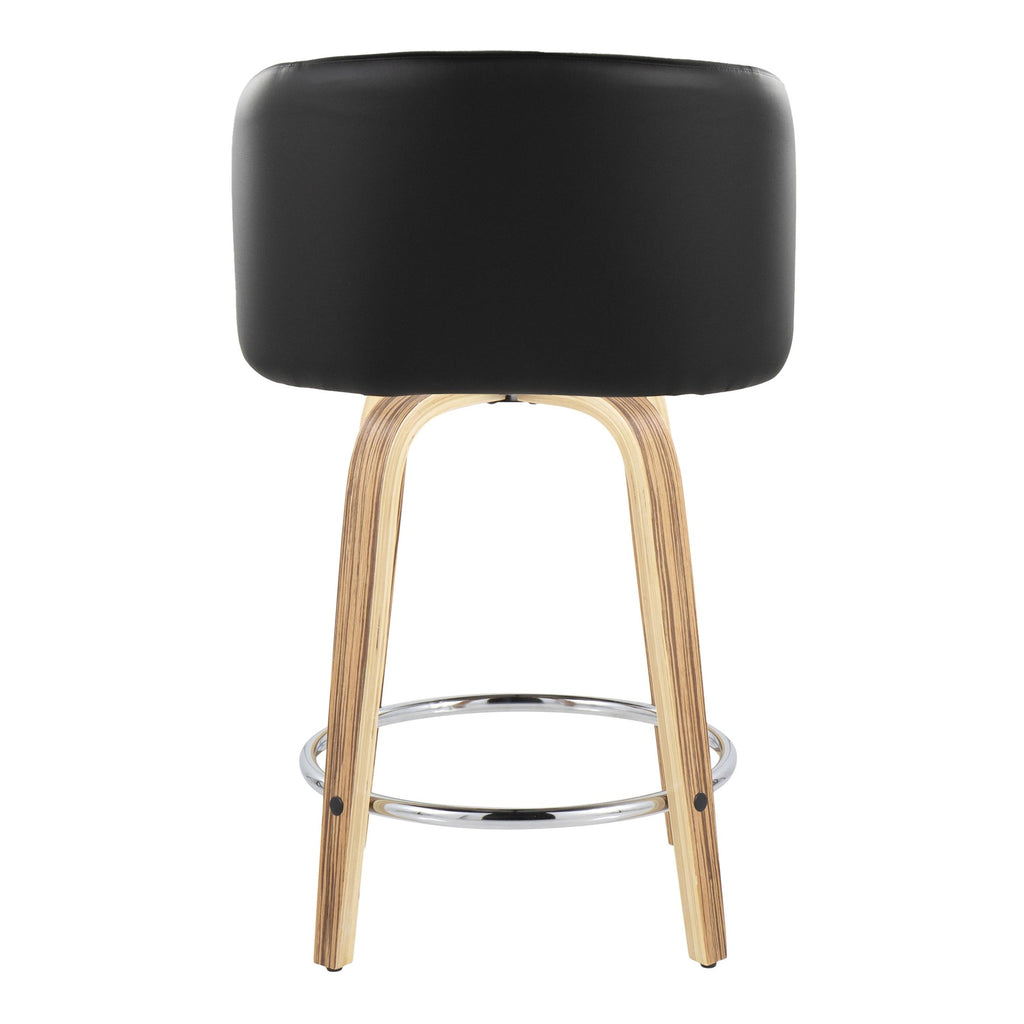 Fran 24" Fixed-Height Counter Stool - Set of 2 - Zebra Wood, Black PU, Chrome Metal